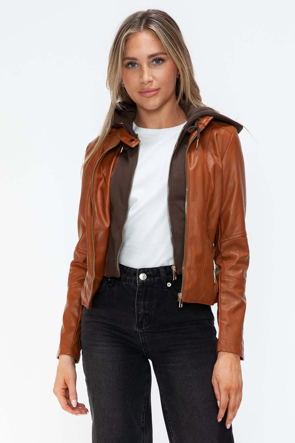 SNOBBISH - Vegan Leather Hooded Jacket in Camel