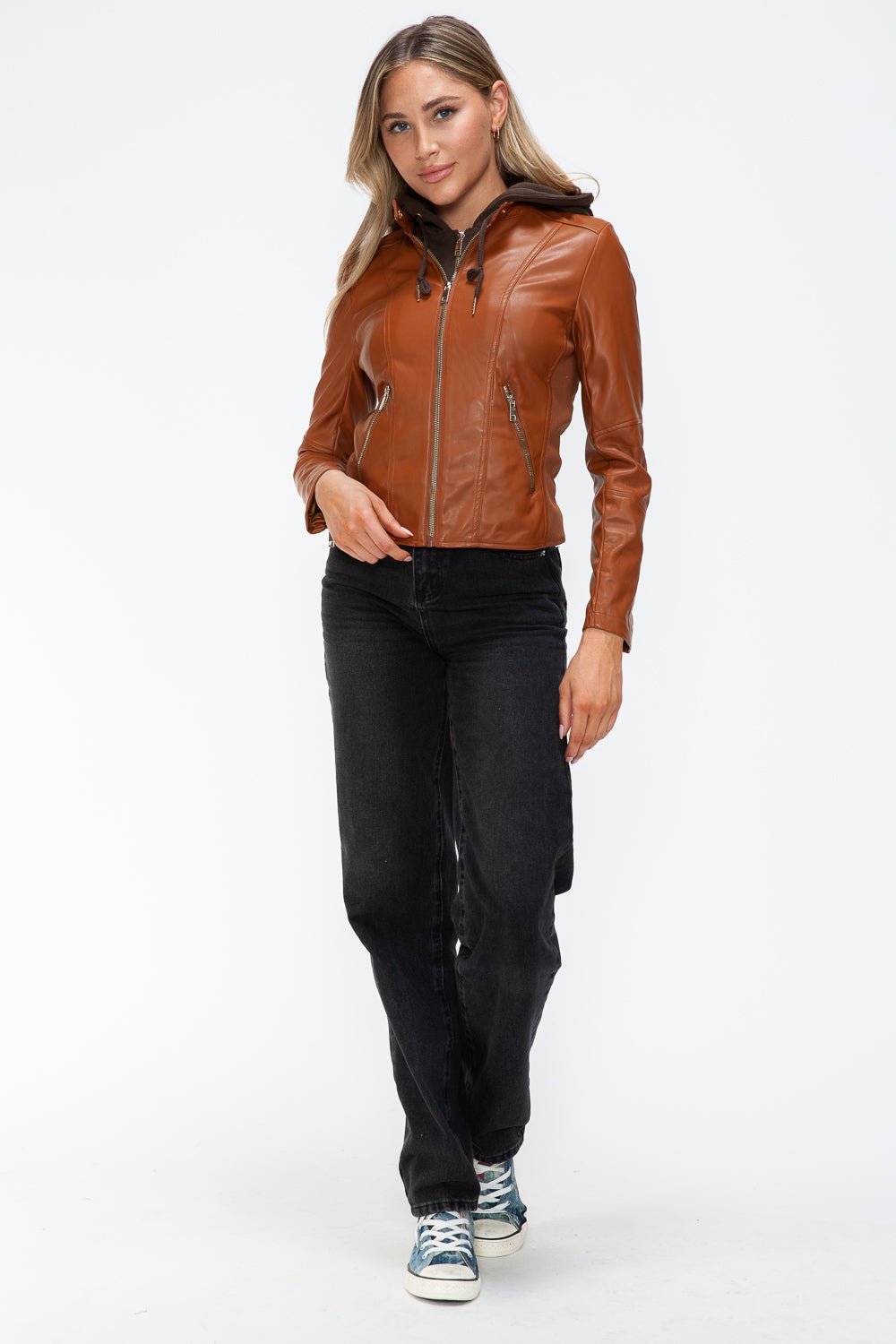 SNOBBISH - Vegan Leather Hooded Jacket in Camel