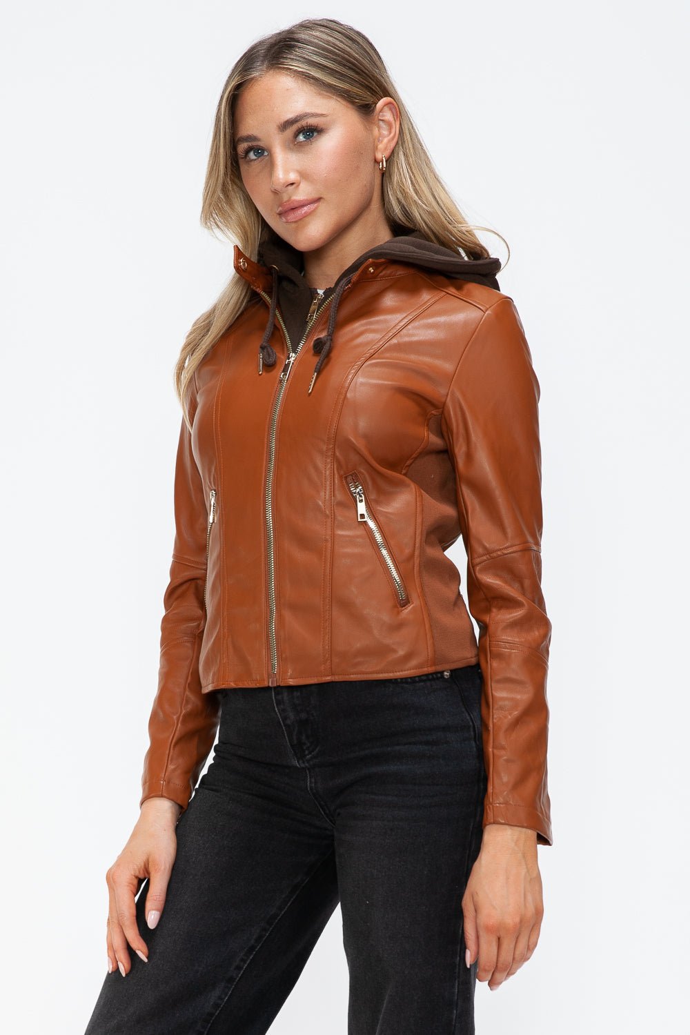 SNOBBISH - Vegan Leather Hooded Jacket in Camel