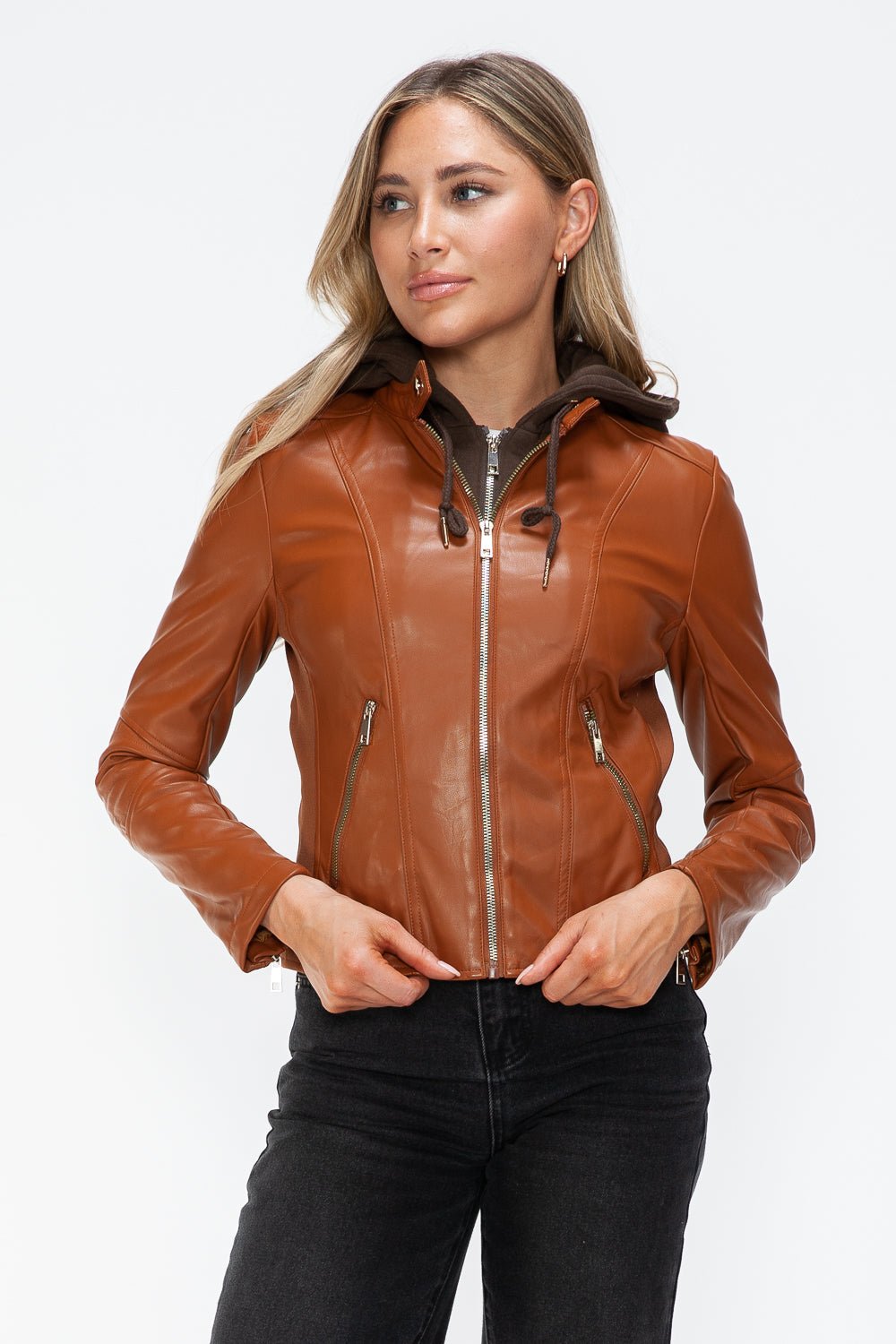 SNOBBISH - Vegan Leather Hooded Jacket in Camel