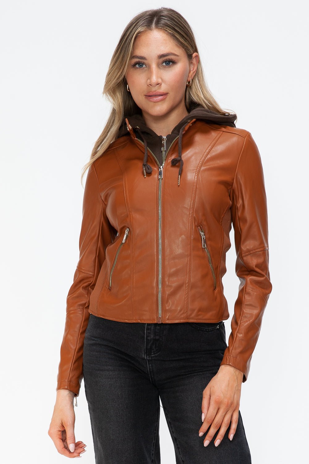 SNOBBISH - Vegan Leather Hooded Jacket in Camel