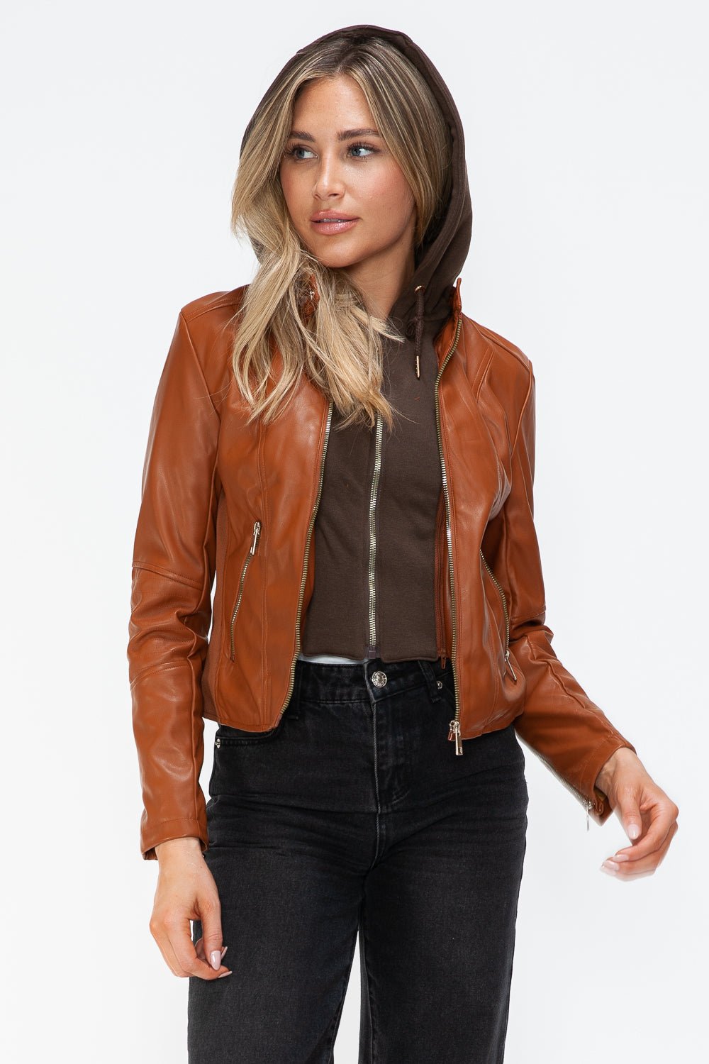 SNOBBISH - Vegan Leather Hooded Jacket in Camel