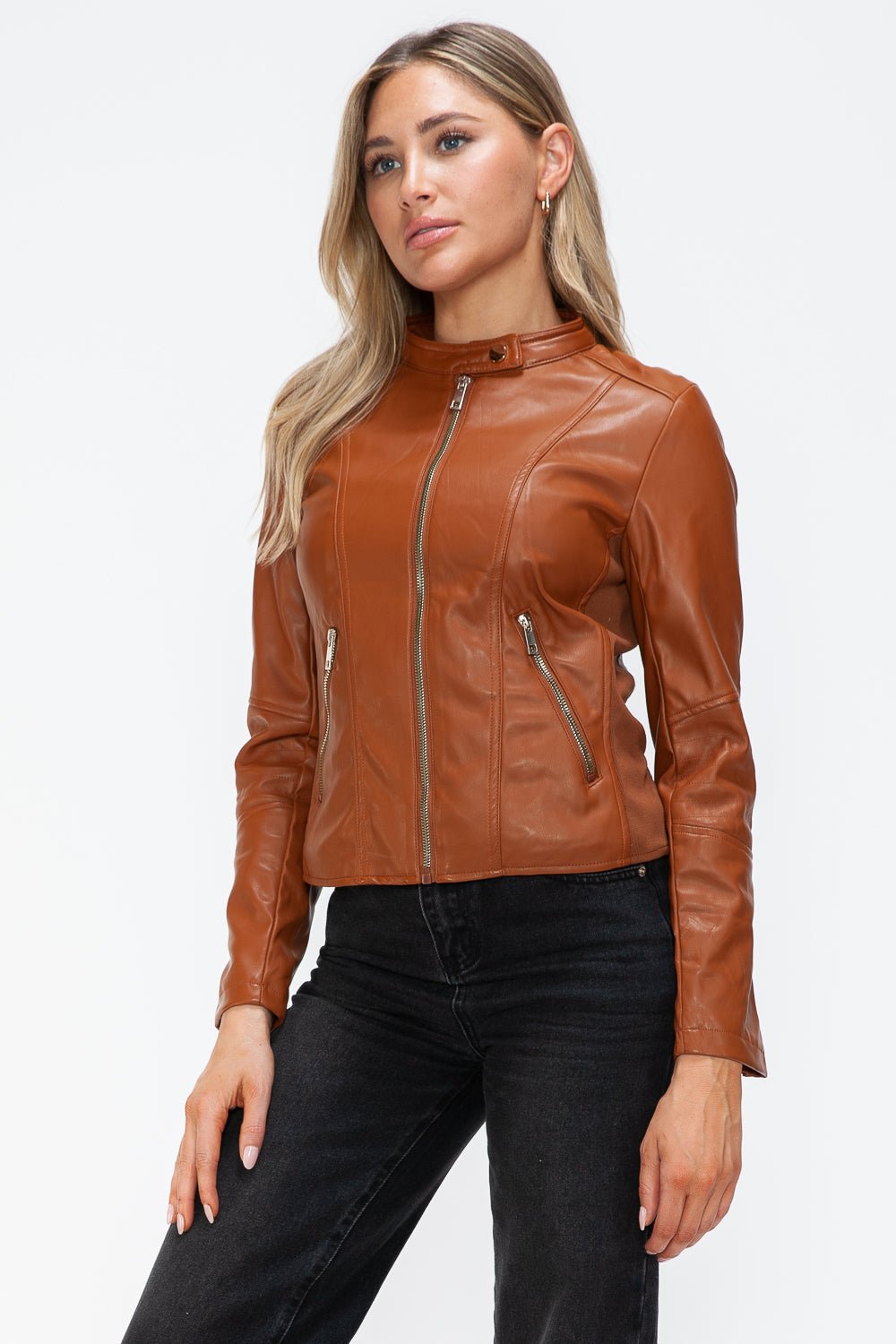 SNOBBISH - Vegan Leather Hooded Jacket in Camel