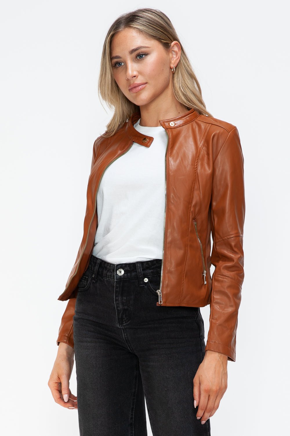 SNOBBISH - Vegan Leather Hooded Jacket in Camel