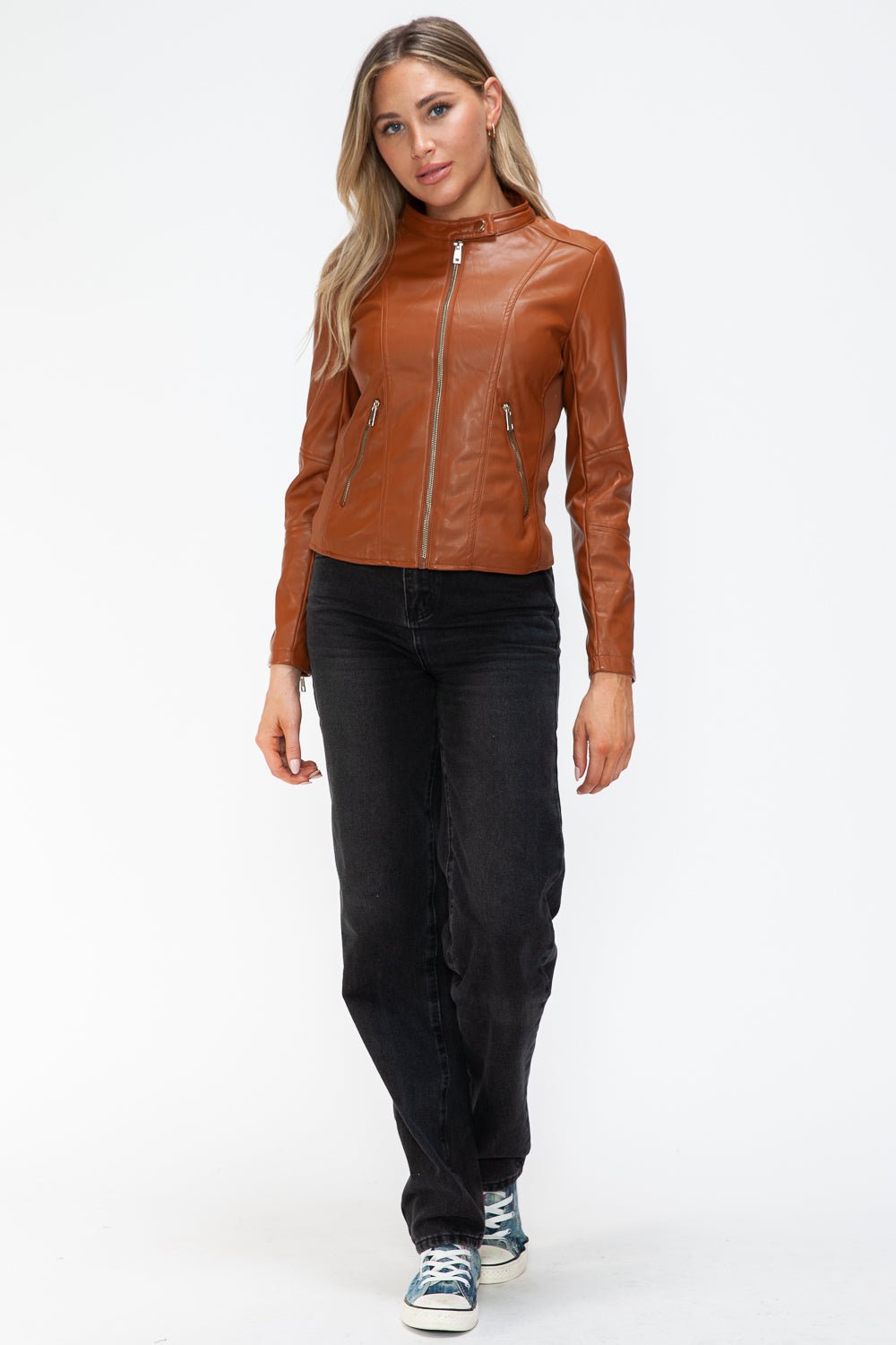 SNOBBISH - Vegan Leather Hooded Jacket in Camel