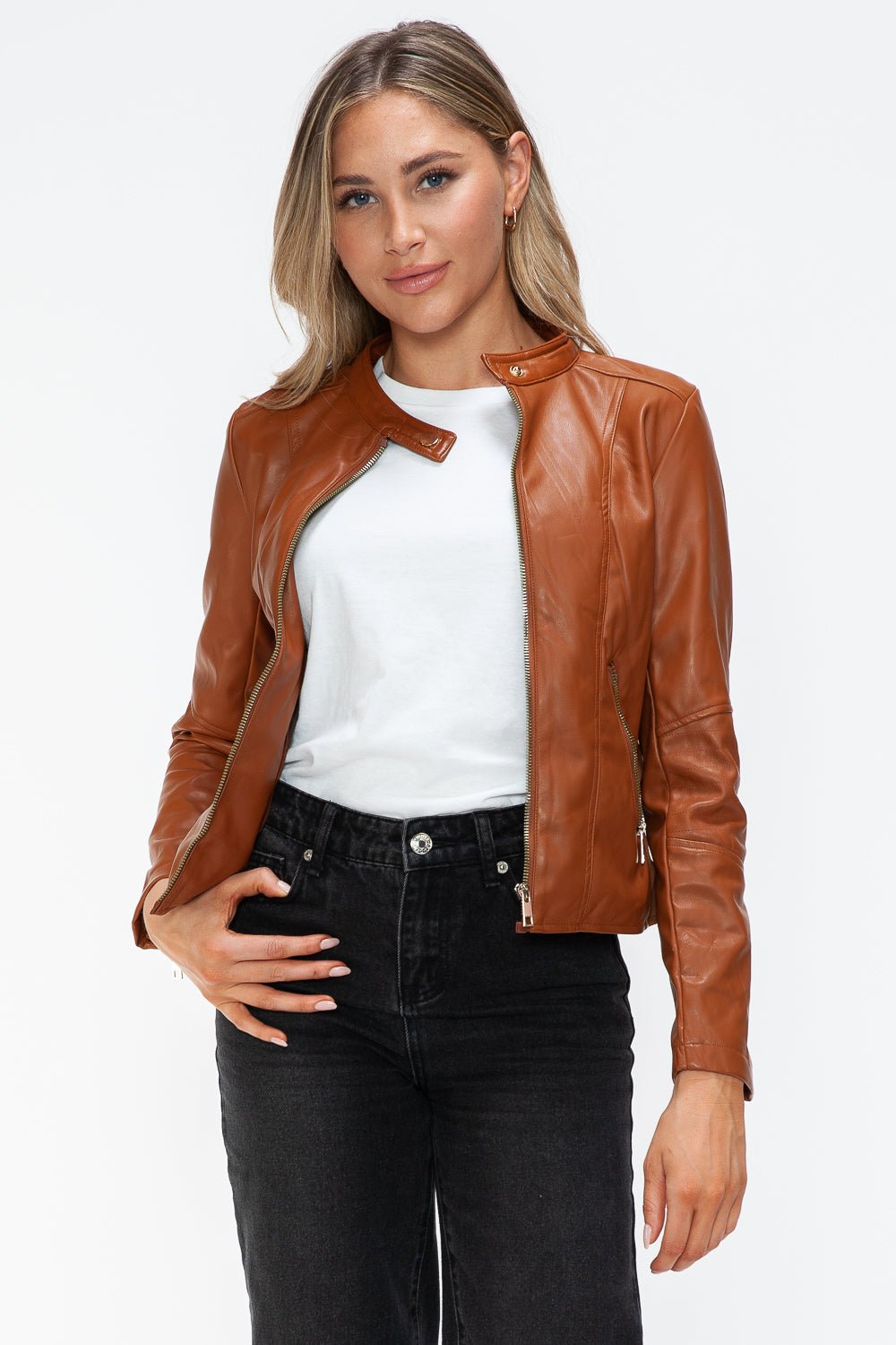 SNOBBISH - Vegan Leather Hooded Jacket in Camel