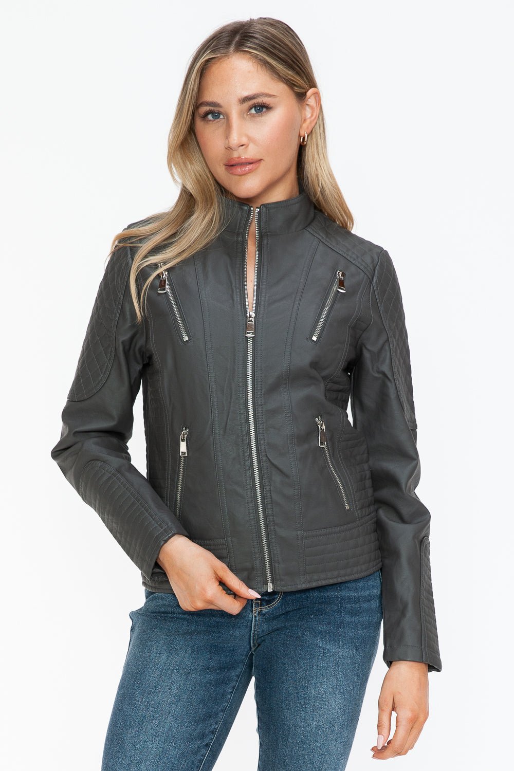 SNOBBISH - Vegan Leather Zip Moto Jacket in Charcoal