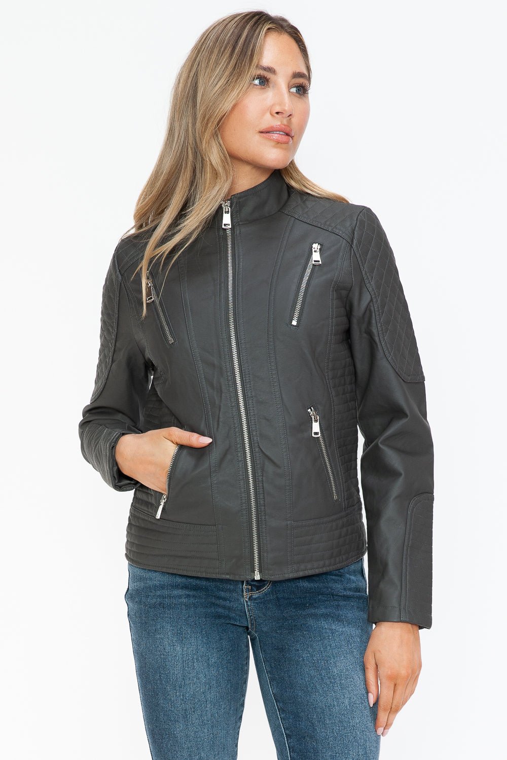 SNOBBISH - Vegan Leather Zip Moto Jacket in Charcoal