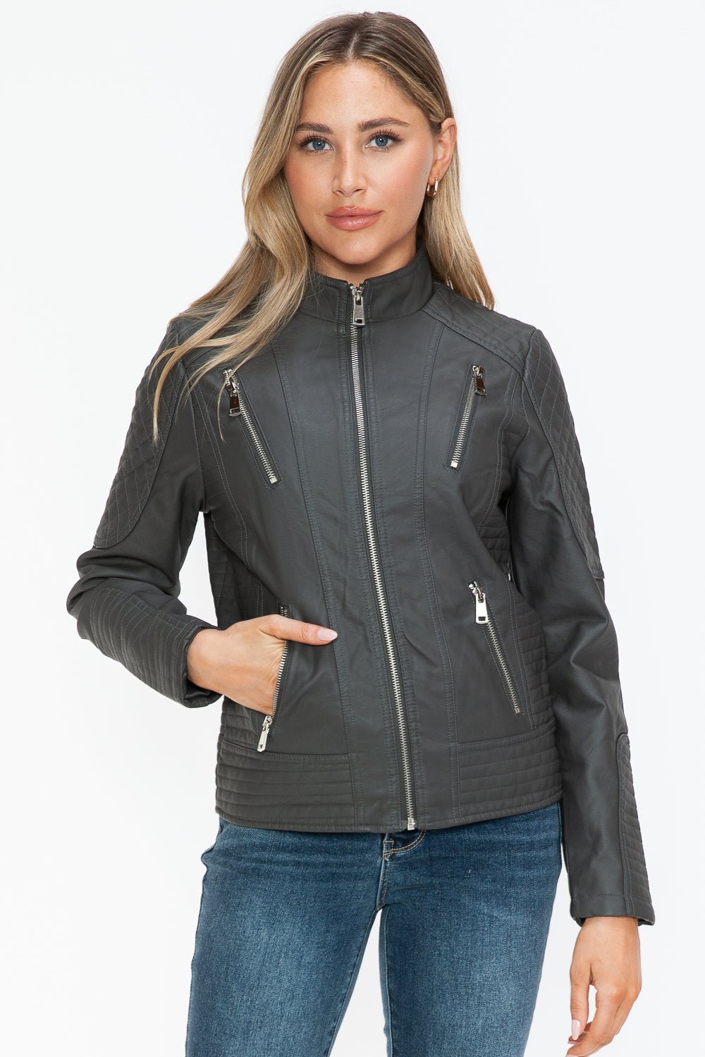 SNOBBISH - Vegan Leather Zip Moto Jacket in Charcoal