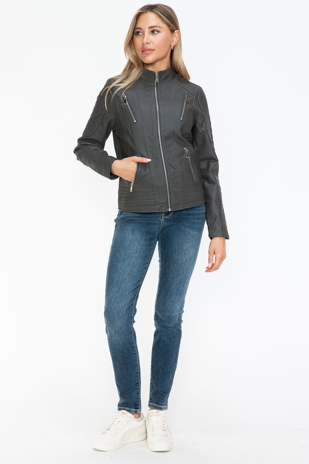 SNOBBISH - Vegan Leather Zip Moto Jacket in Charcoal