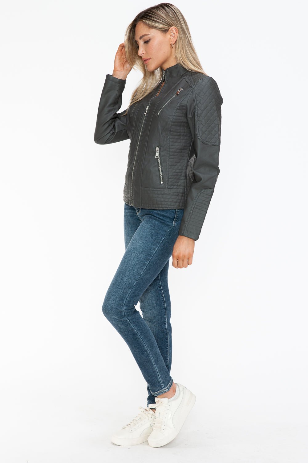 SNOBBISH - Vegan Leather Zip Moto Jacket in Charcoal