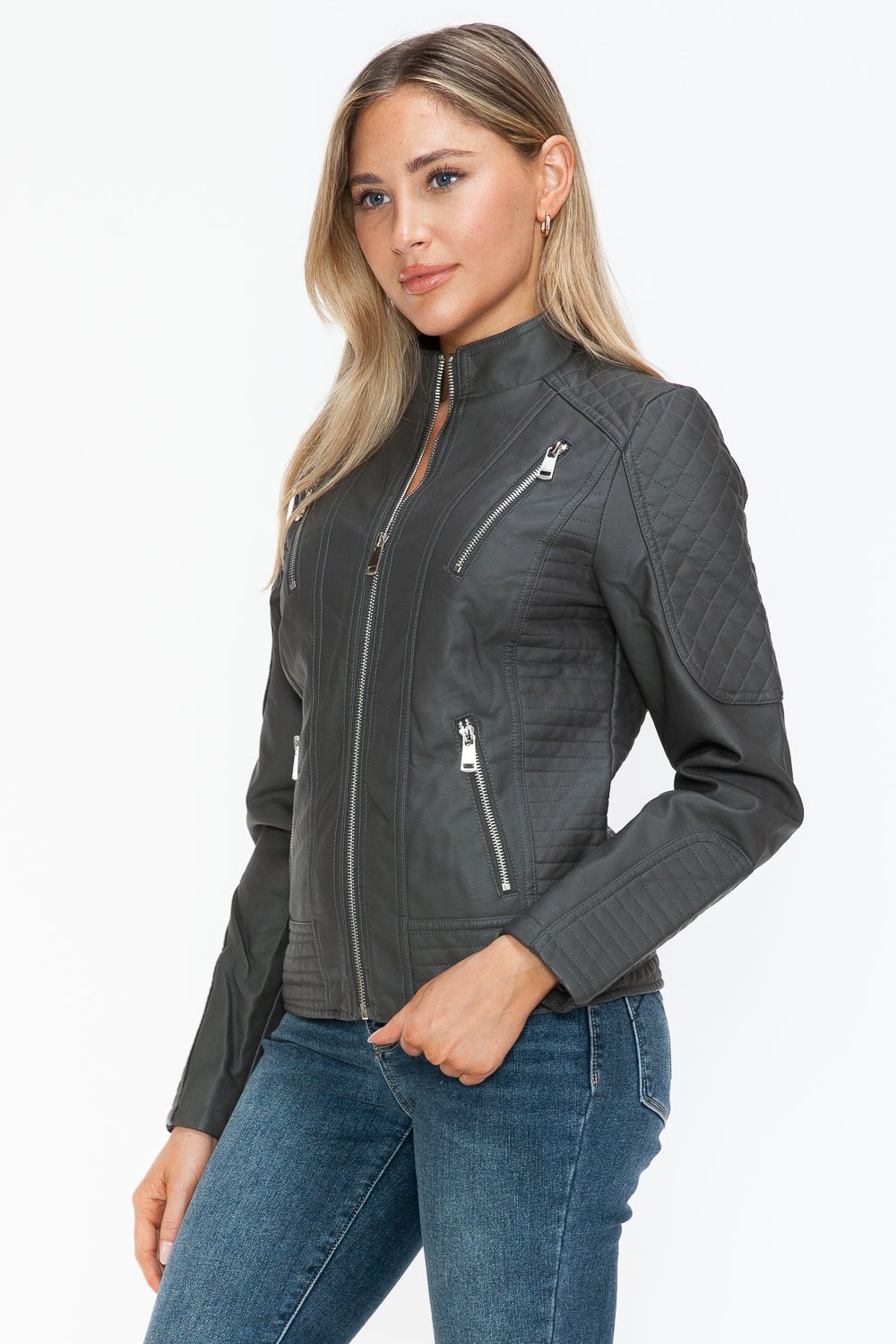 SNOBBISH - Vegan Leather Zip Moto Jacket in Charcoal