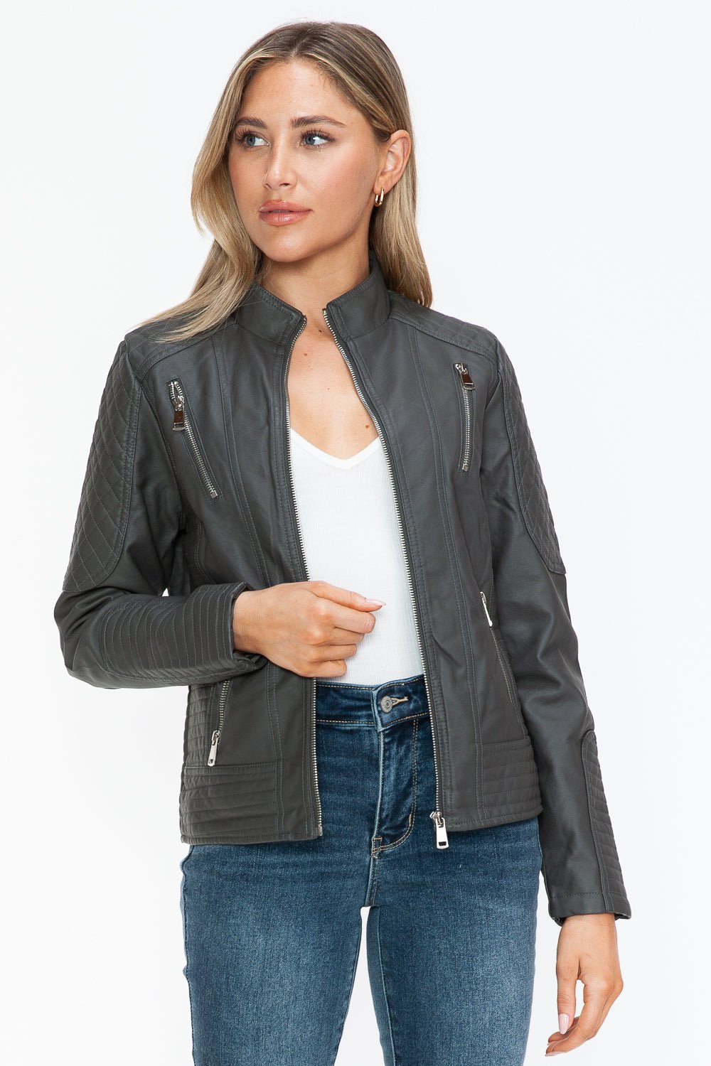 SNOBBISH - Vegan Leather Zip Moto Jacket in Charcoal