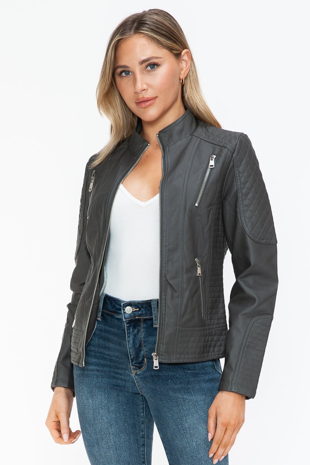 SNOBBISH - Vegan Leather Zip Moto Jacket in Charcoal