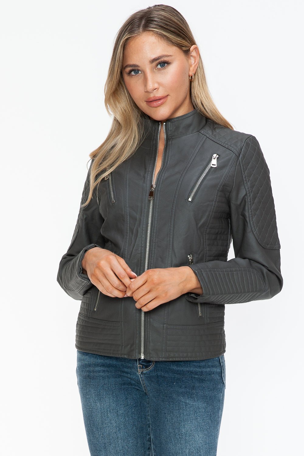 SNOBBISH - Vegan Leather Zip Moto Jacket in Charcoal