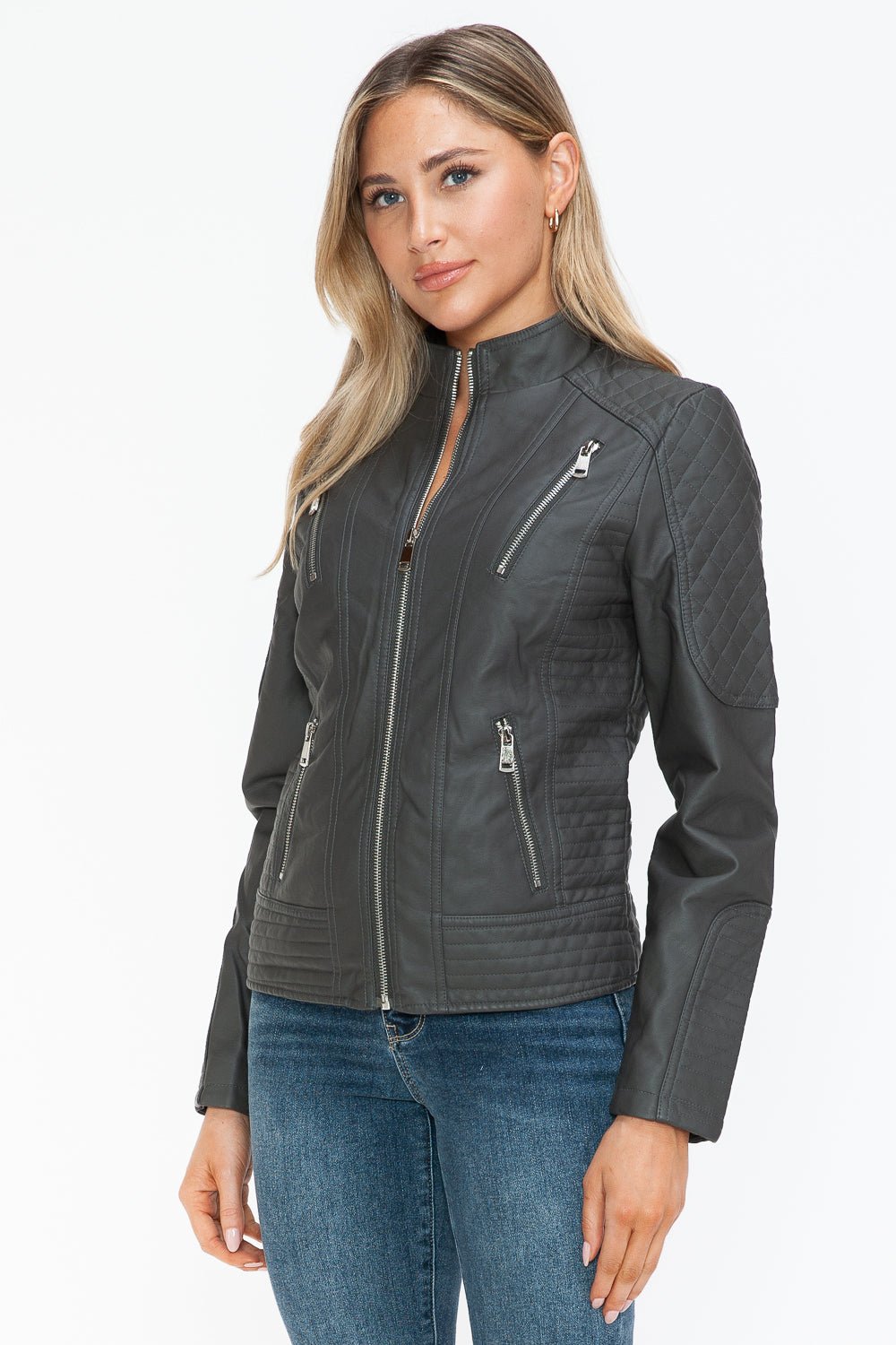 SNOBBISH - Vegan Leather Zip Moto Jacket in Charcoal