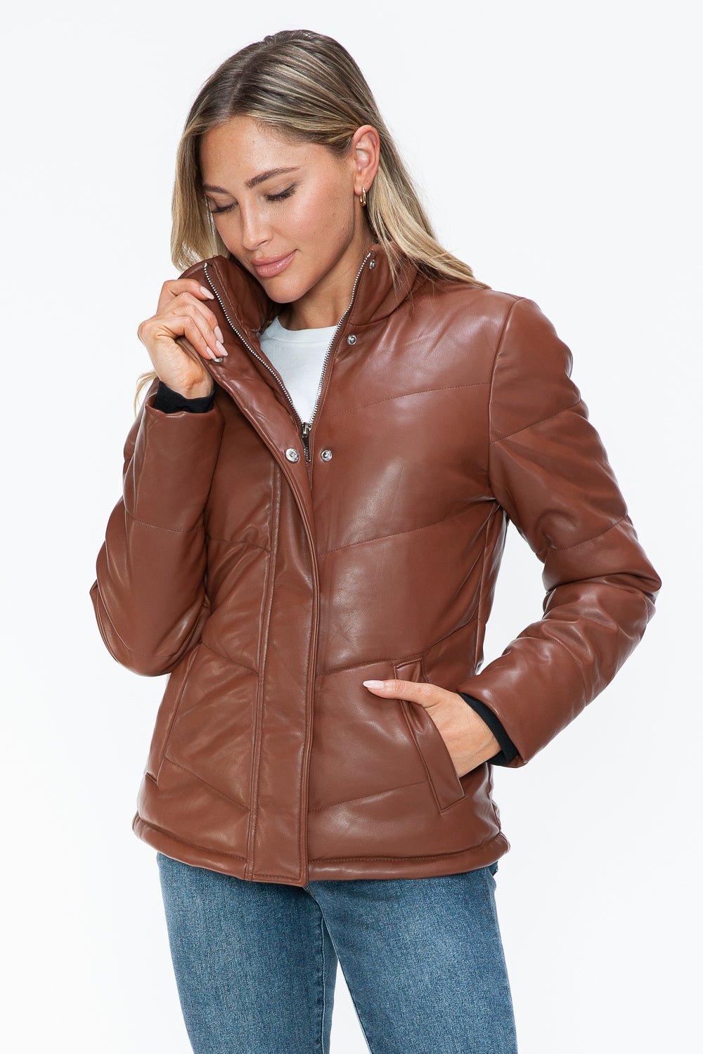 SNOBBISH - Vegan Leather Zip Up Puffer Jacket in Brandy