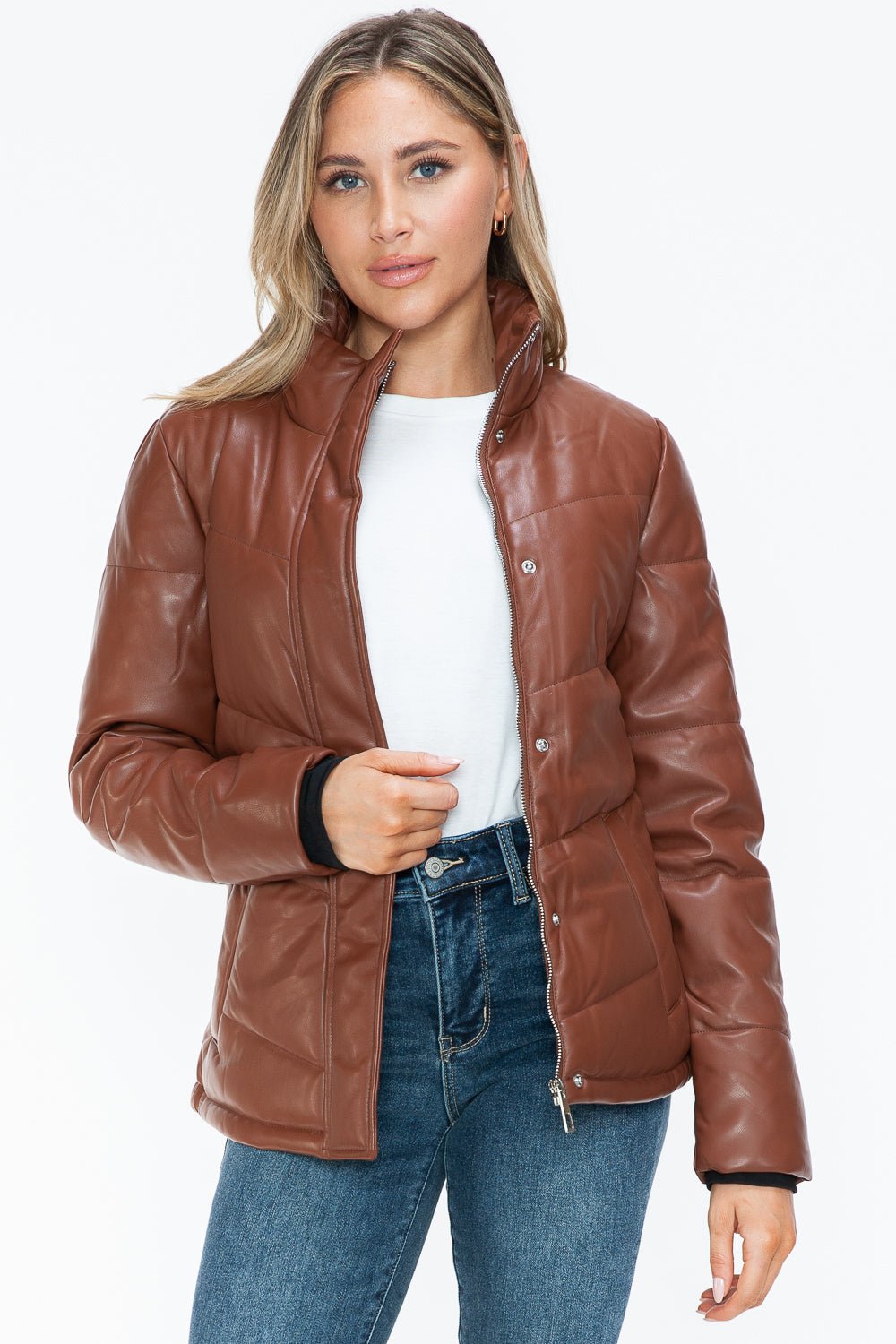 SNOBBISH - Vegan Leather Zip Up Puffer Jacket in Brandy