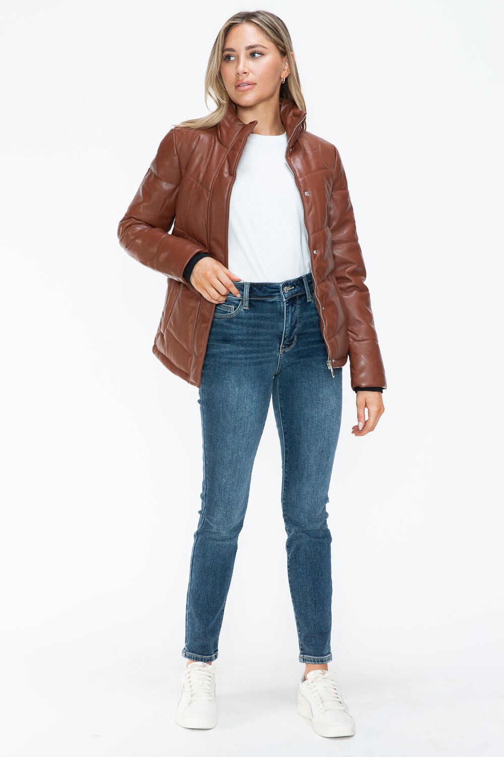 SNOBBISH - Vegan Leather Zip Up Puffer Jacket in Brandy