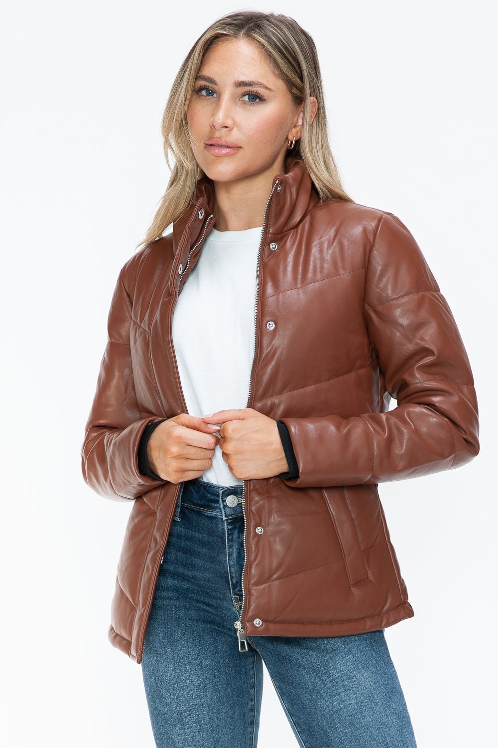 SNOBBISH - Vegan Leather Zip Up Puffer Jacket in Brandy