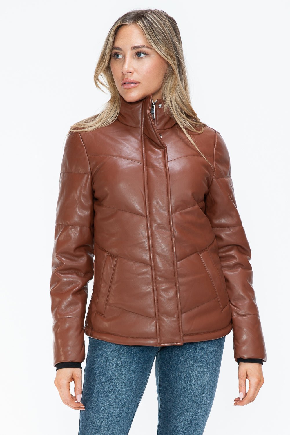 SNOBBISH - Vegan Leather Zip Up Puffer Jacket in Brandy