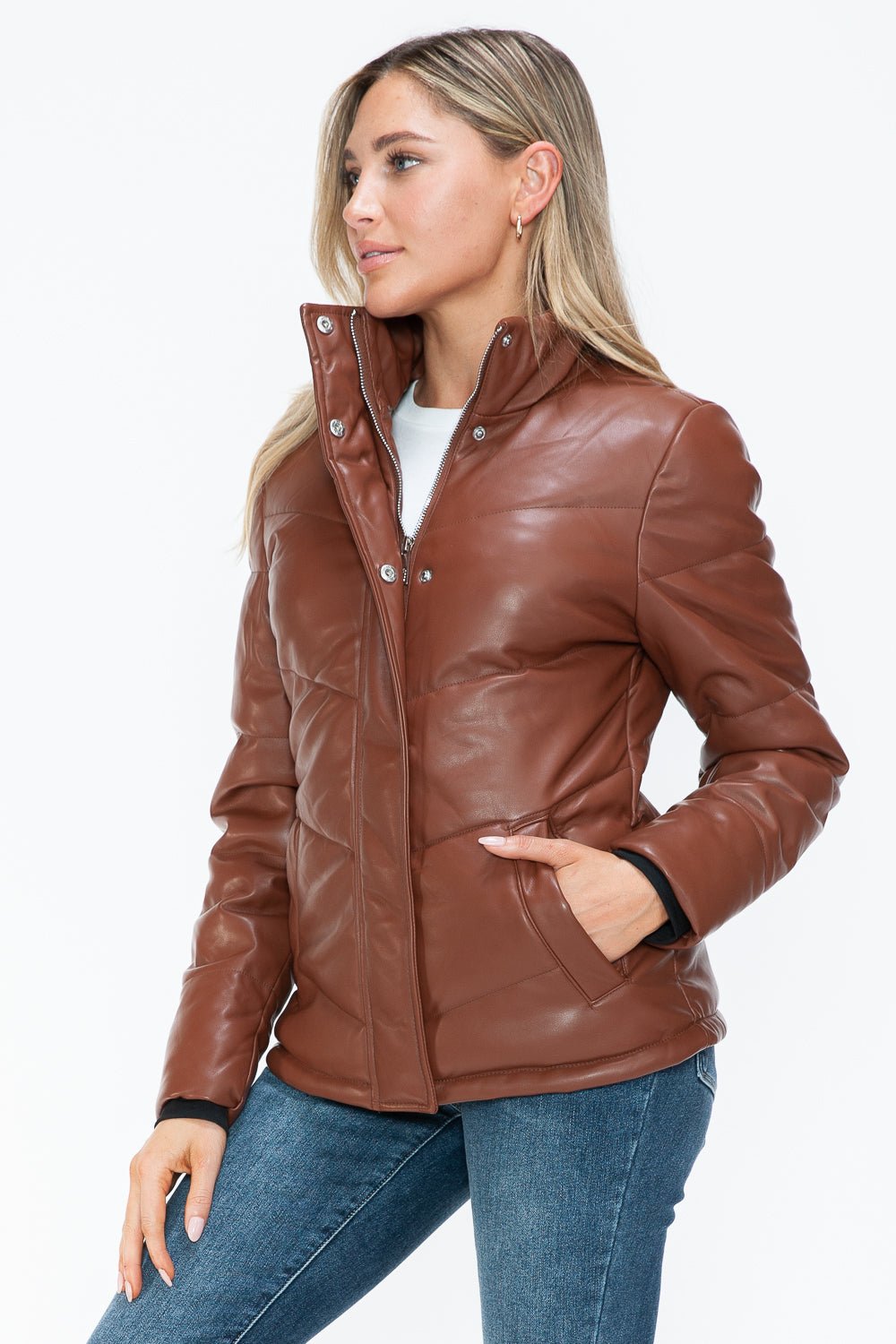 SNOBBISH - Vegan Leather Zip Up Puffer Jacket in Brandy