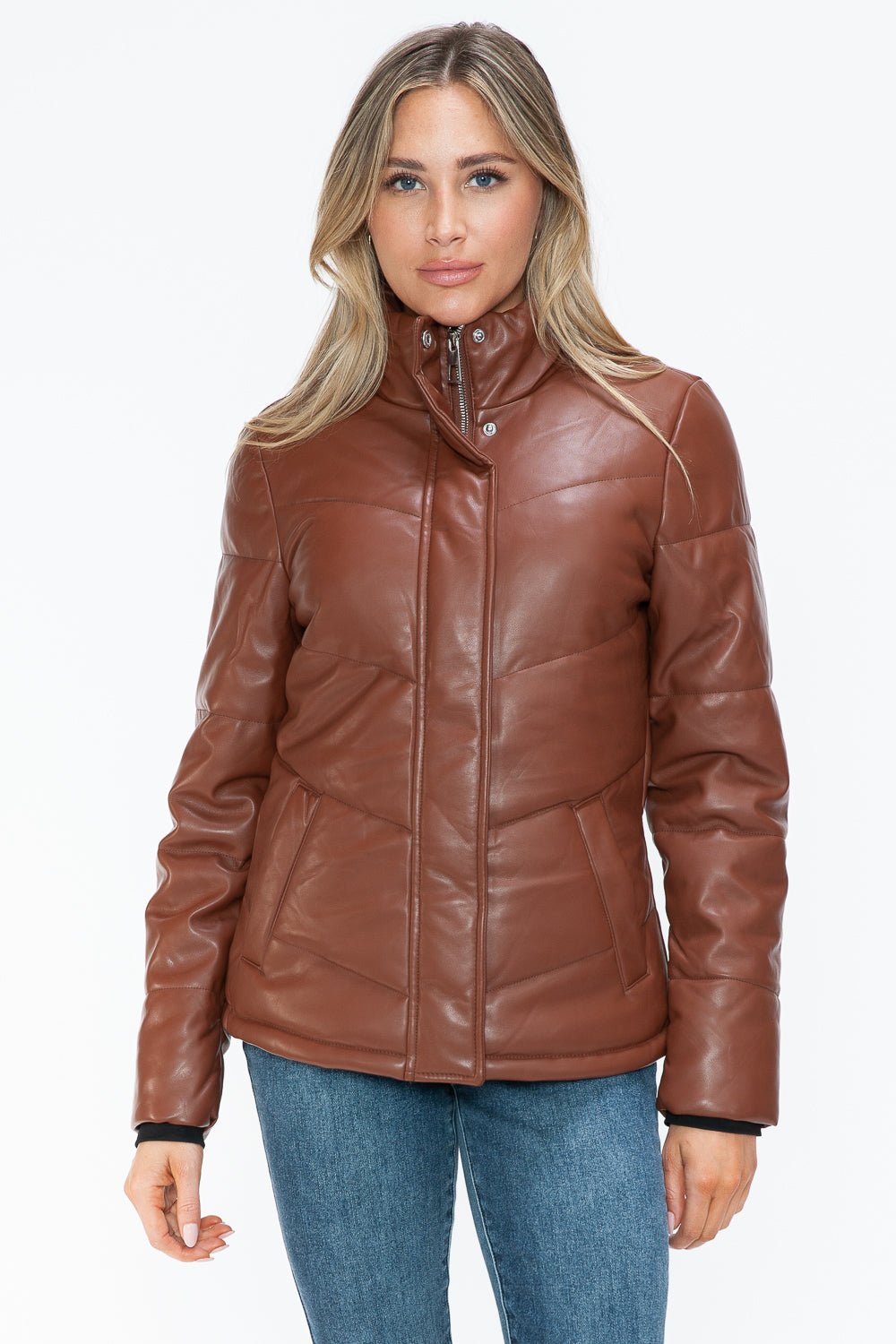 SNOBBISH - Vegan Leather Zip Up Puffer Jacket in Brandy