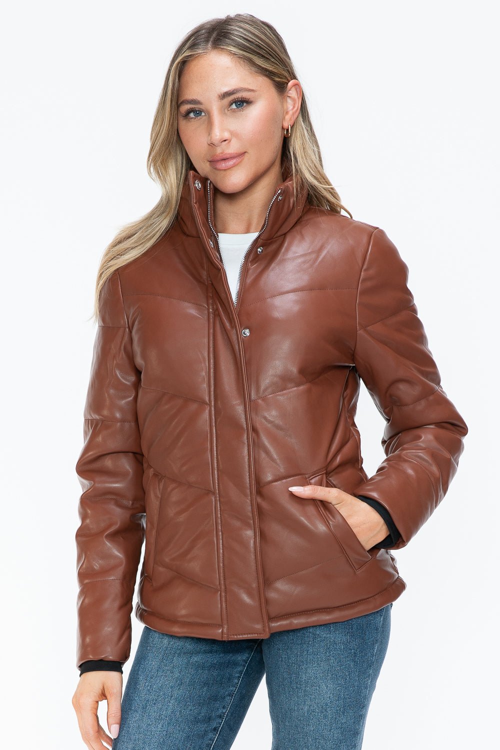 SNOBBISH - Vegan Leather Zip Up Puffer Jacket in Brandy