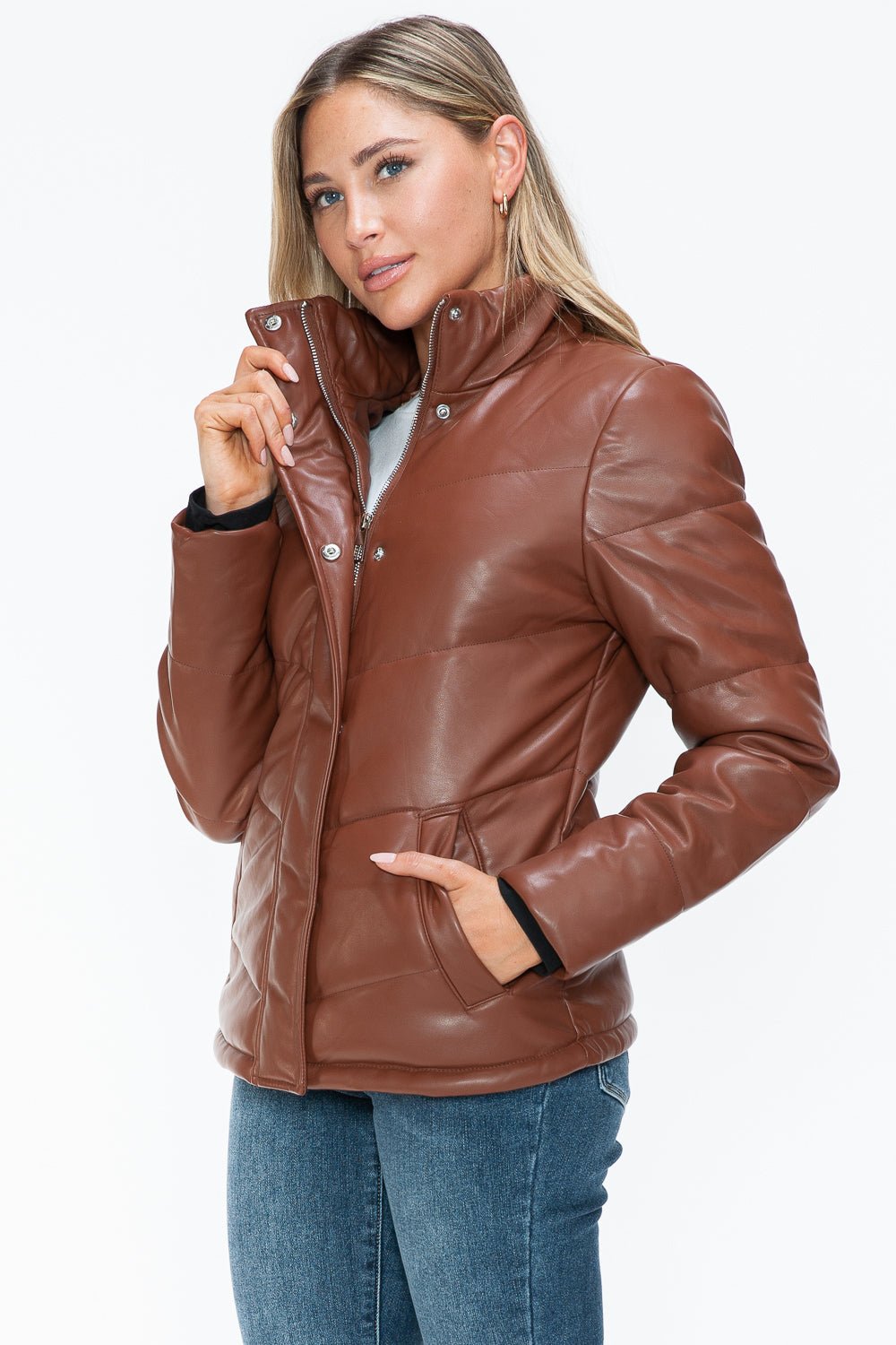 SNOBBISH - Vegan Leather Zip Up Puffer Jacket in Brandy