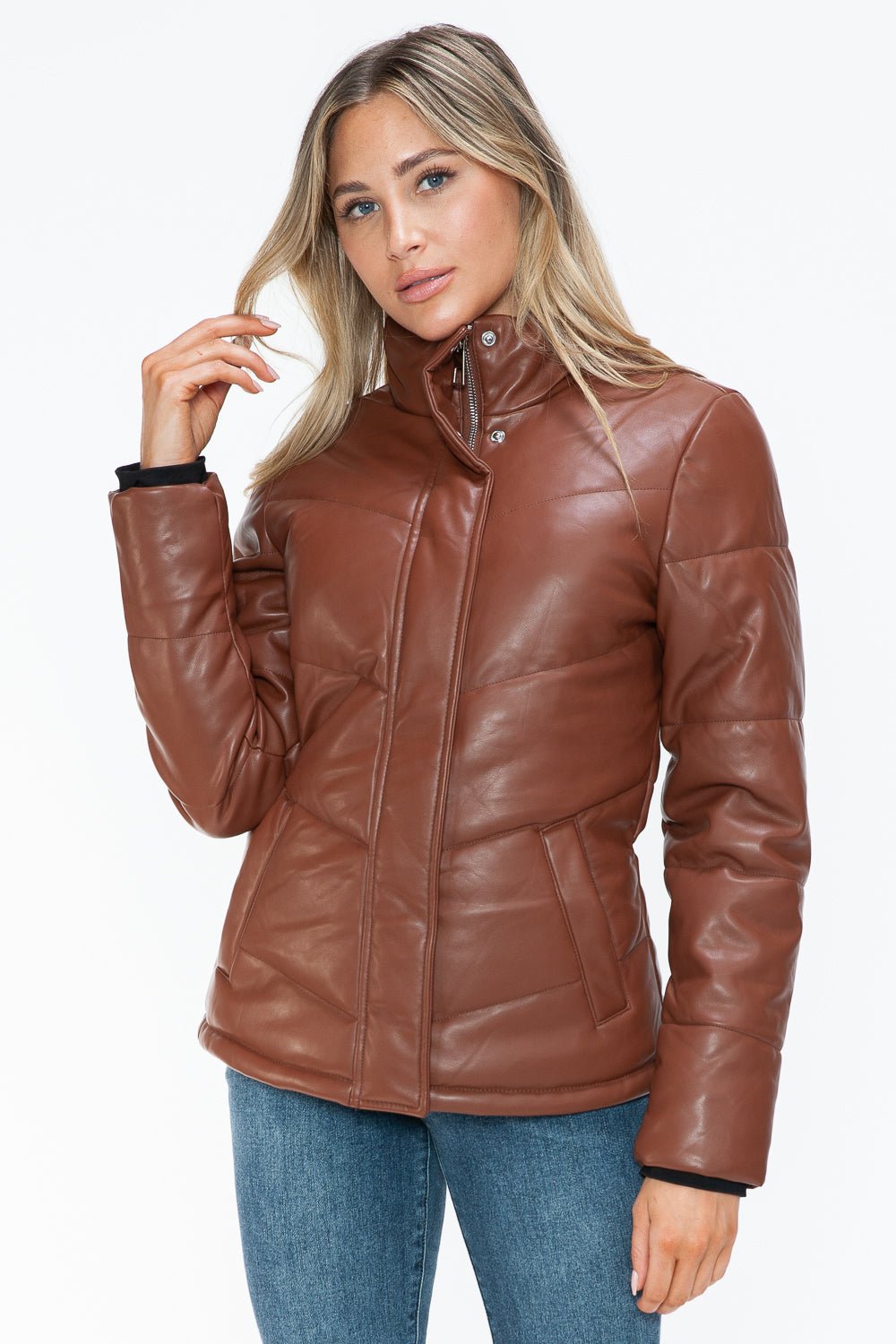 SNOBBISH - Vegan Leather Zip Up Puffer Jacket in Brandy