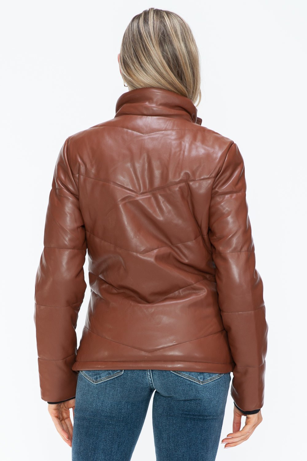 SNOBBISH - Vegan Leather Zip Up Puffer Jacket in Brandy