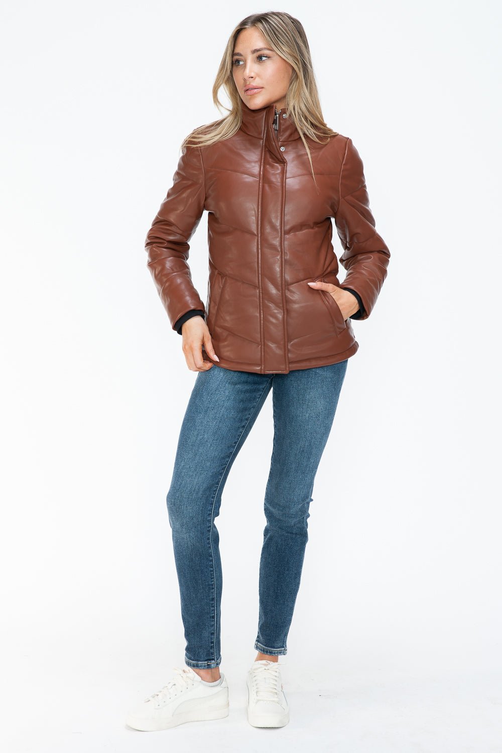 SNOBBISH - Vegan Leather Zip Up Puffer Jacket in Brandy