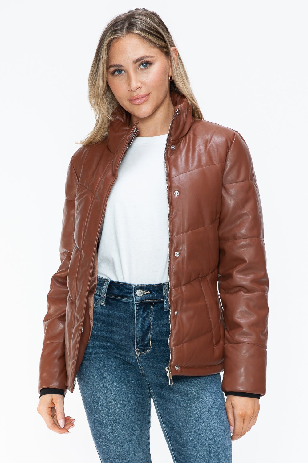 SNOBBISH - Vegan Leather Zip Up Puffer Jacket in Brandy