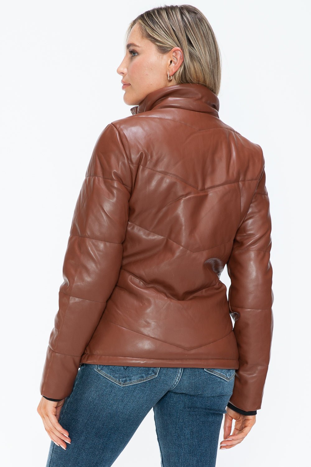 SNOBBISH - Vegan Leather Zip Up Puffer Jacket in Brandy