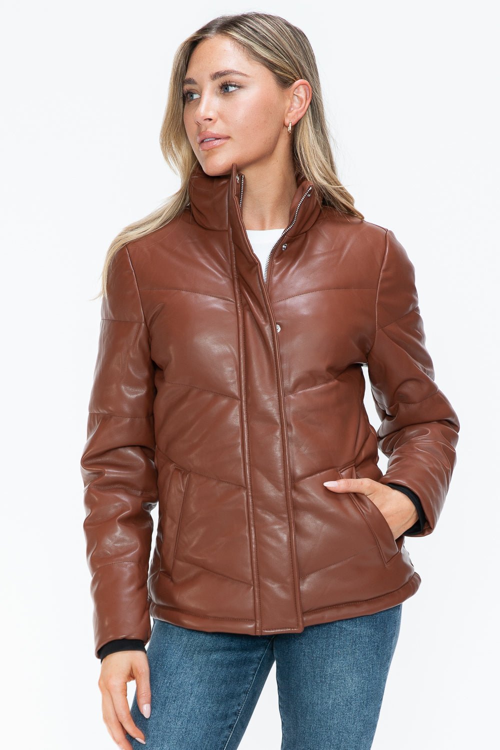 SNOBBISH - Vegan Leather Zip Up Puffer Jacket in Brandy