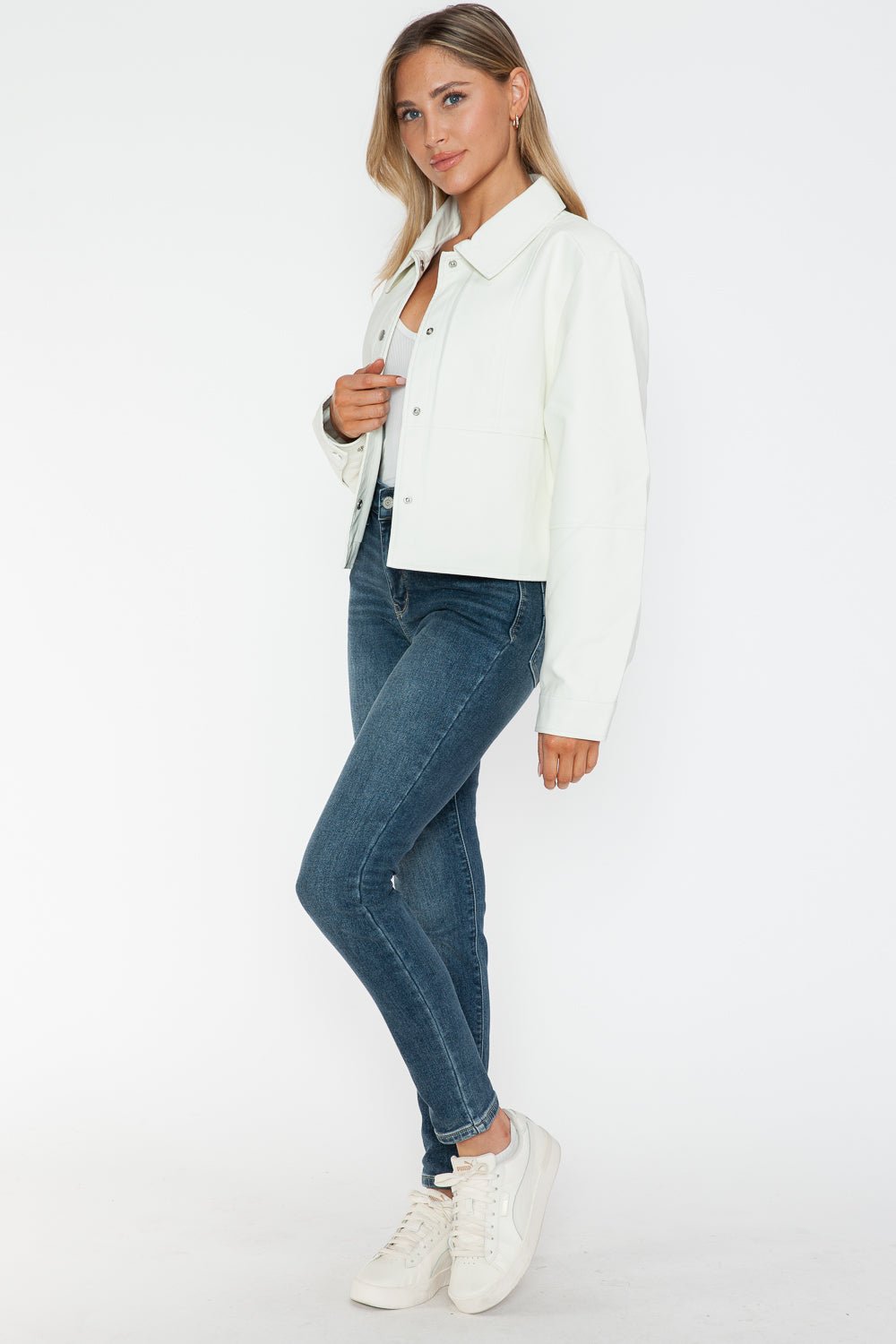 SNOBBISH - White Snap Down Vegan Leather Jacket