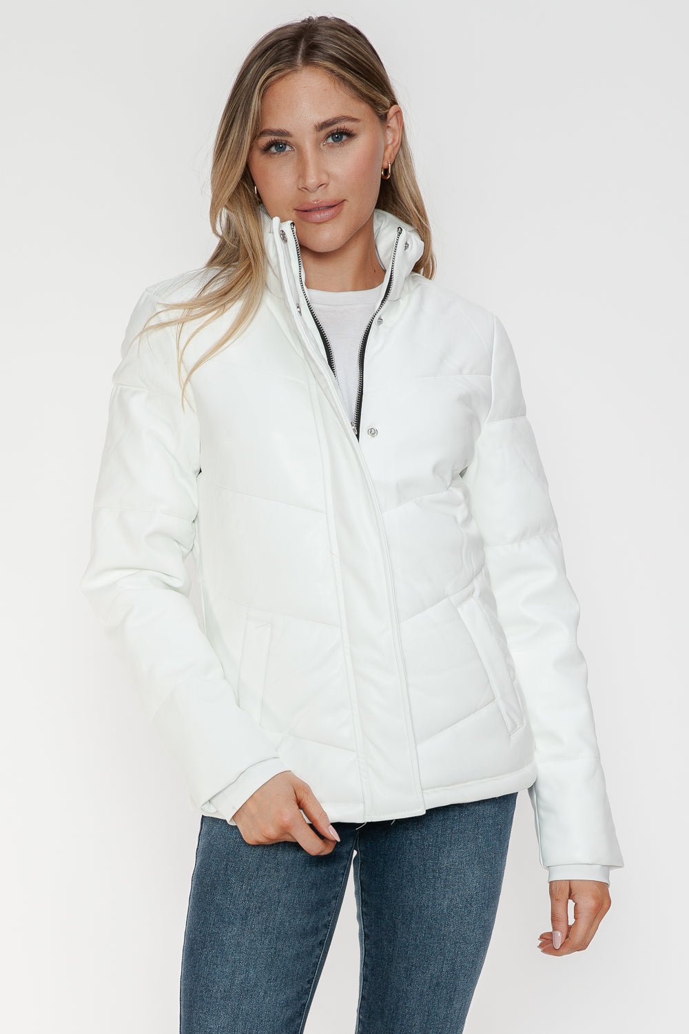 SNOBBISH - White Vegan Leather Zip Up Puffer Jacket