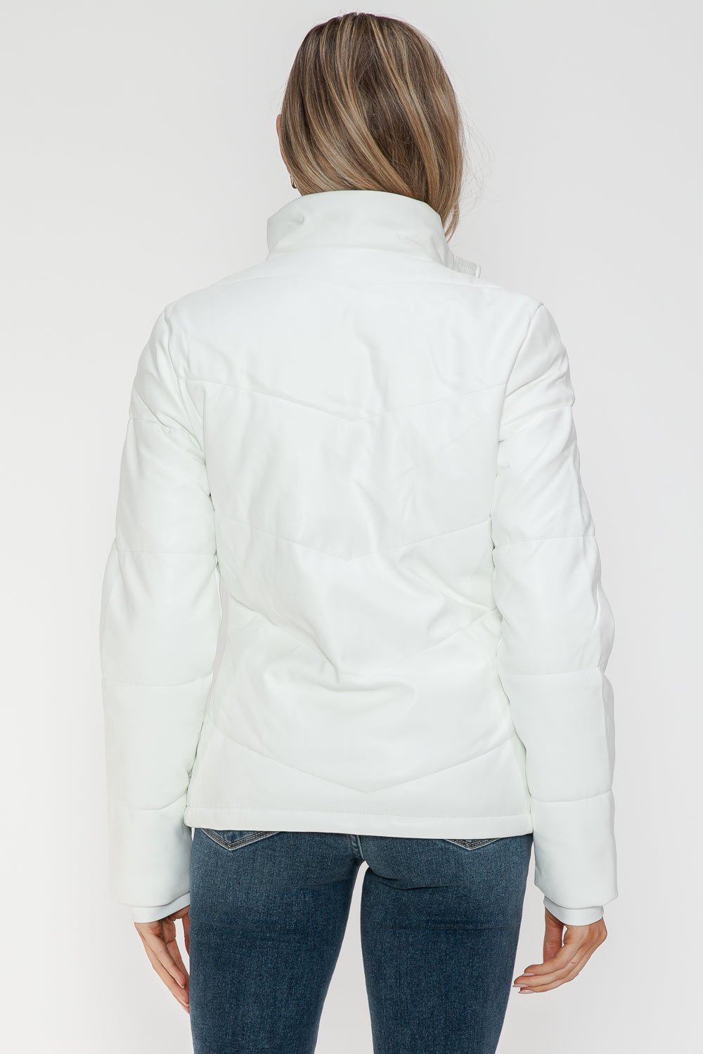 SNOBBISH - White Vegan Leather Zip Up Puffer Jacket