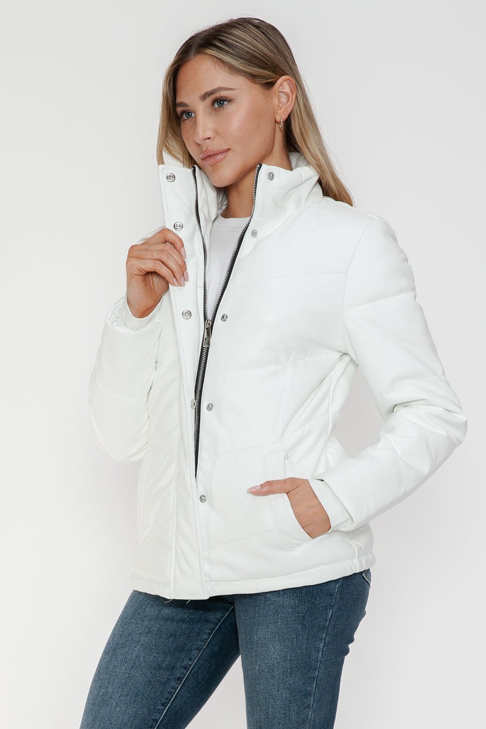 SNOBBISH - White Vegan Leather Zip Up Puffer Jacket