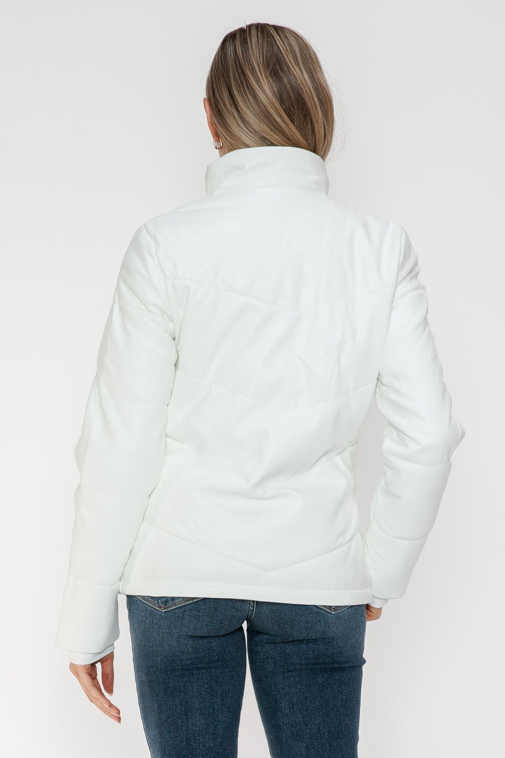 SNOBBISH - White Vegan Leather Zip Up Puffer Jacket