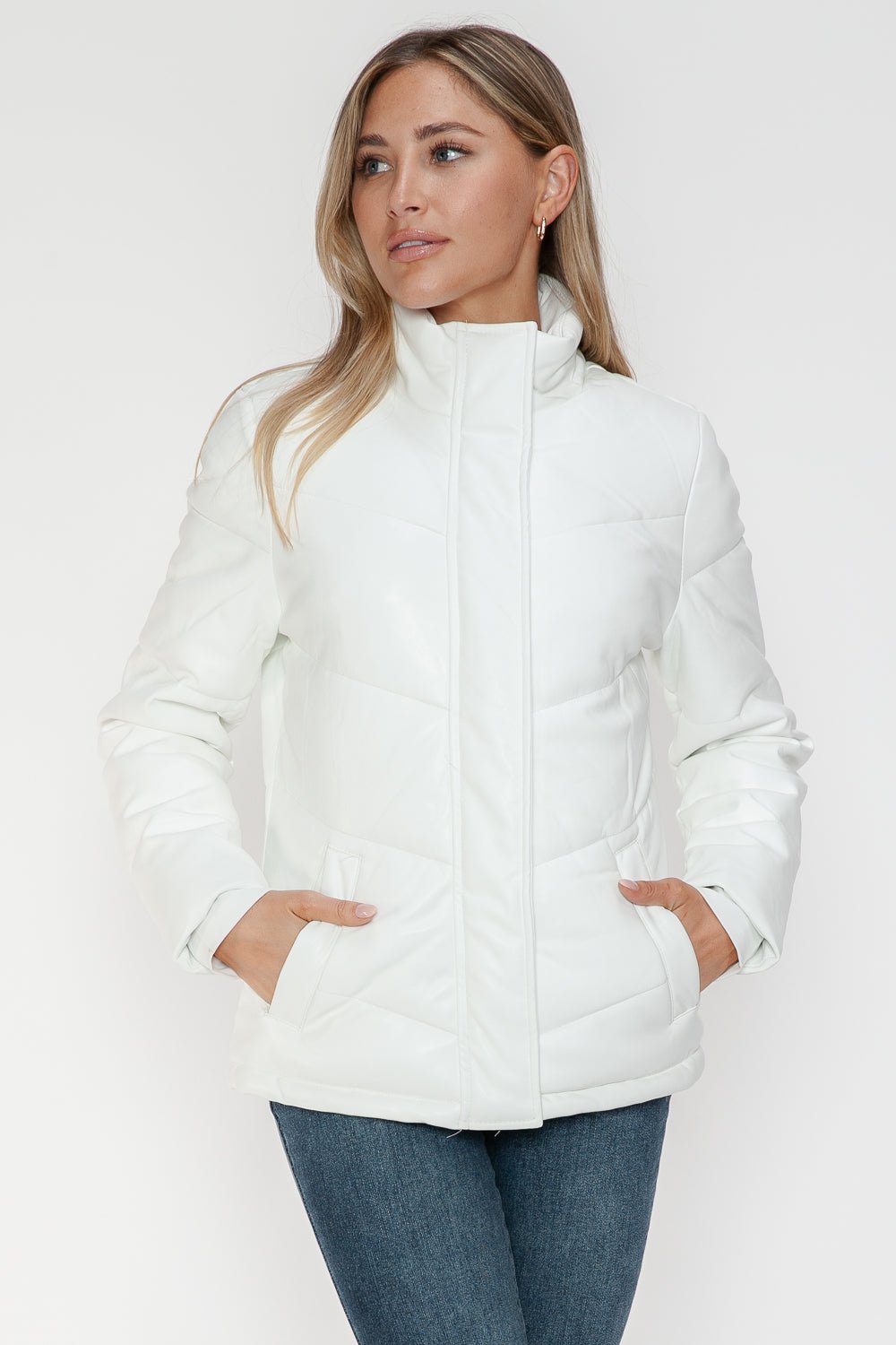 SNOBBISH - White Vegan Leather Zip Up Puffer Jacket