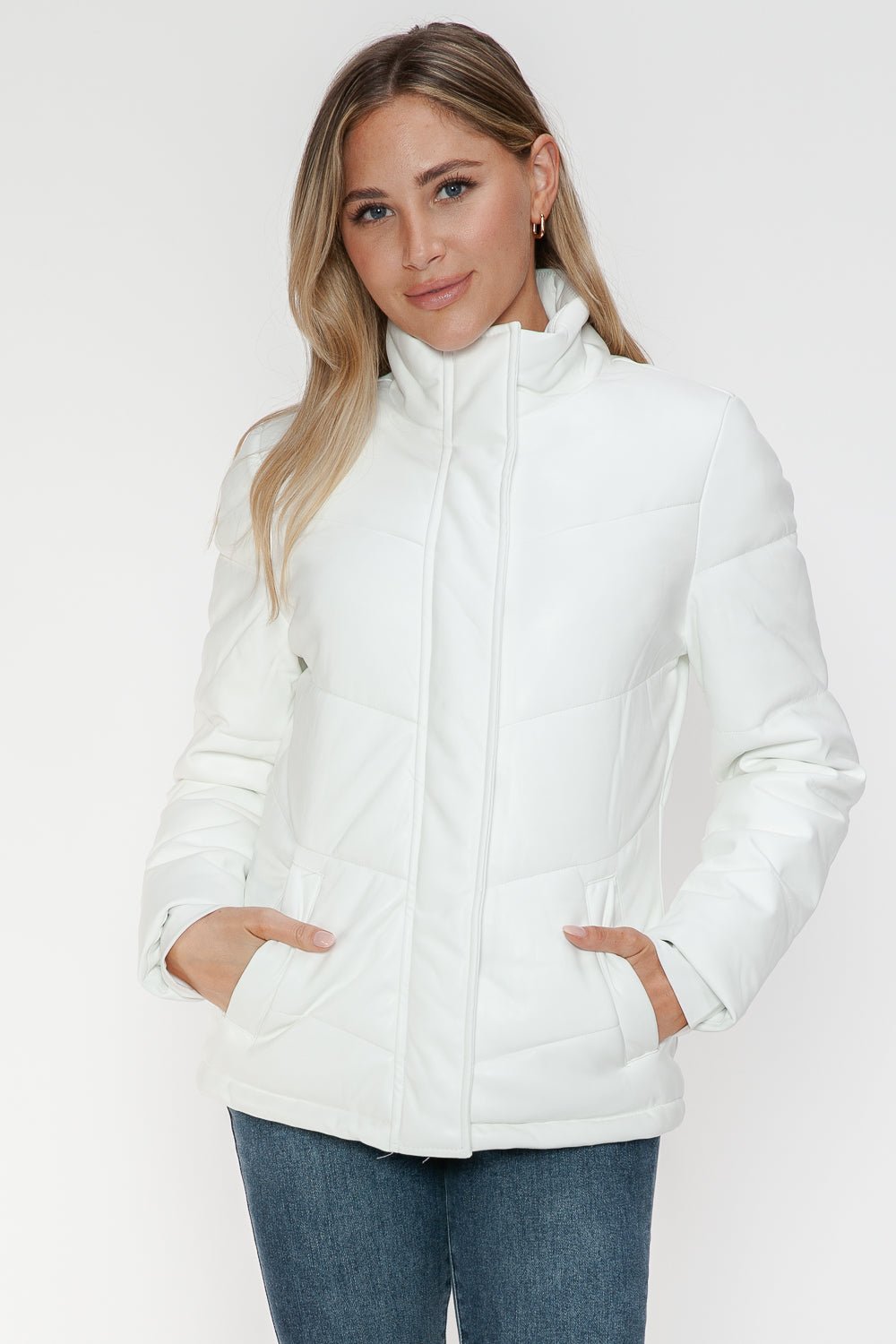 SNOBBISH - White Vegan Leather Zip Up Puffer Jacket