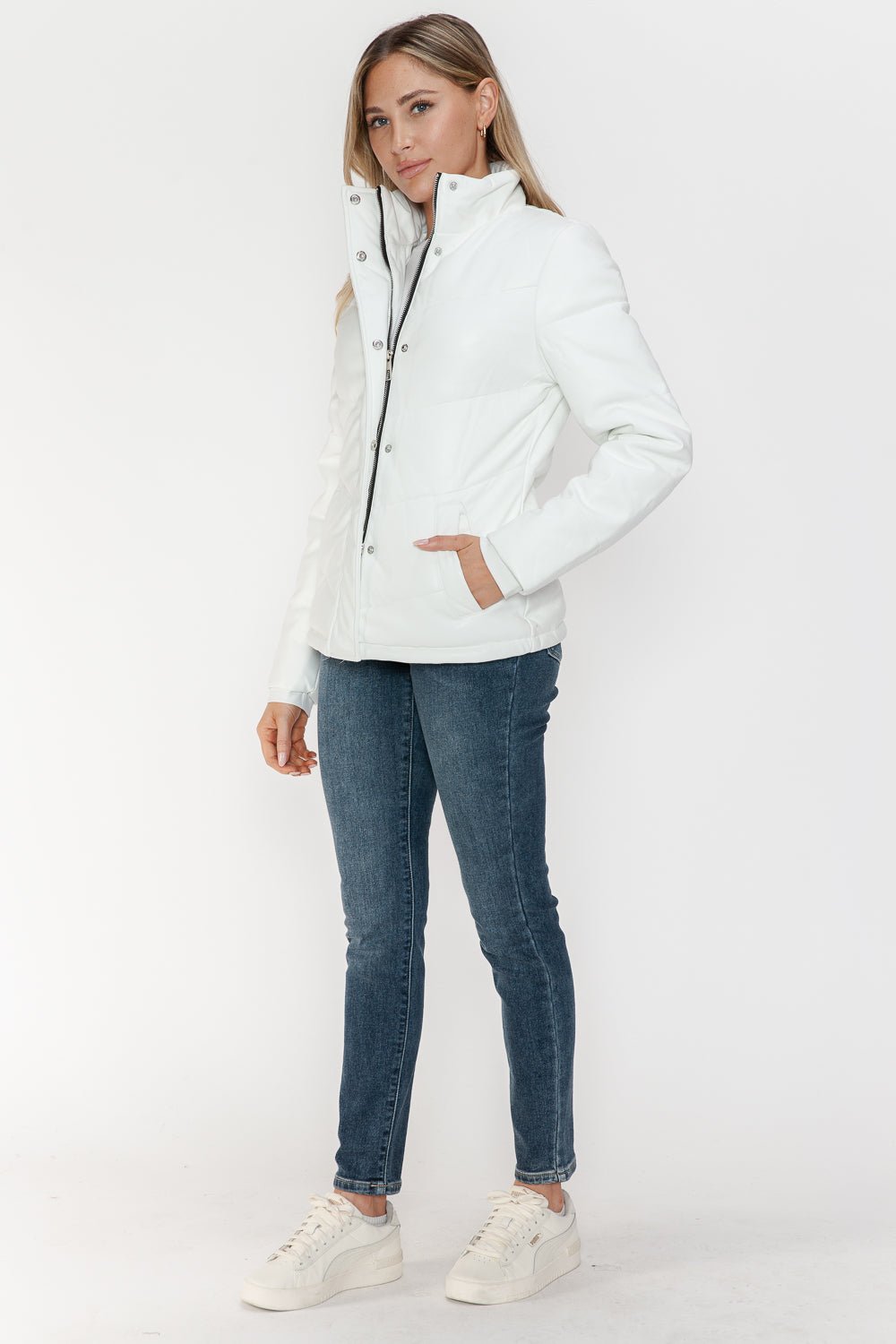 SNOBBISH - White Vegan Leather Zip Up Puffer Jacket