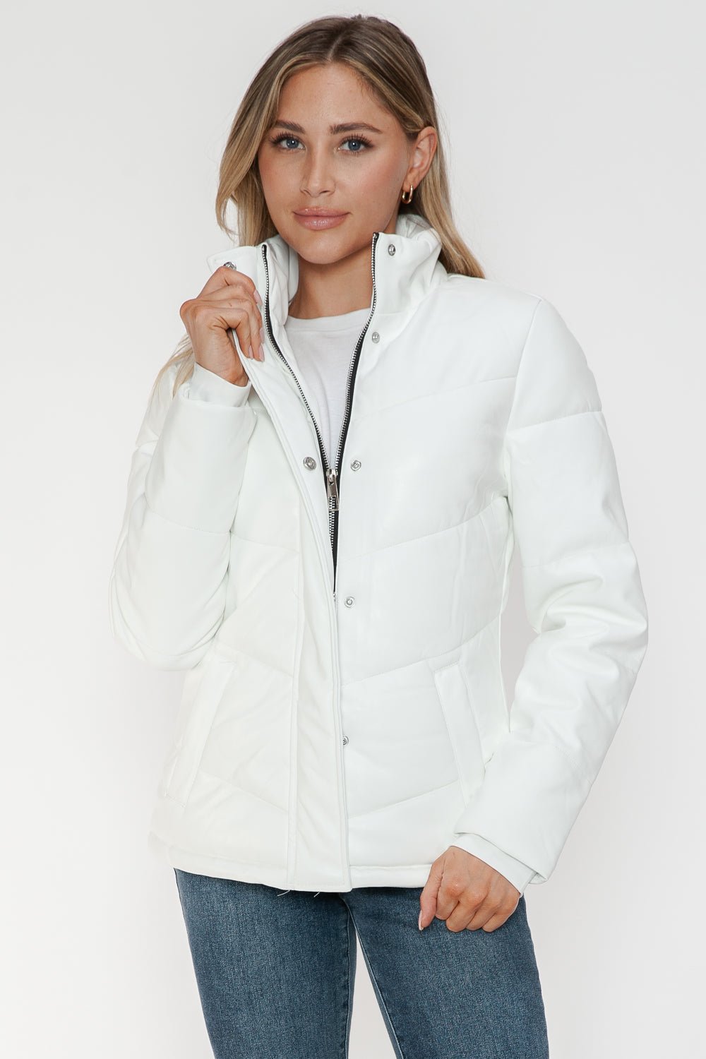 SNOBBISH - White Vegan Leather Zip Up Puffer Jacket