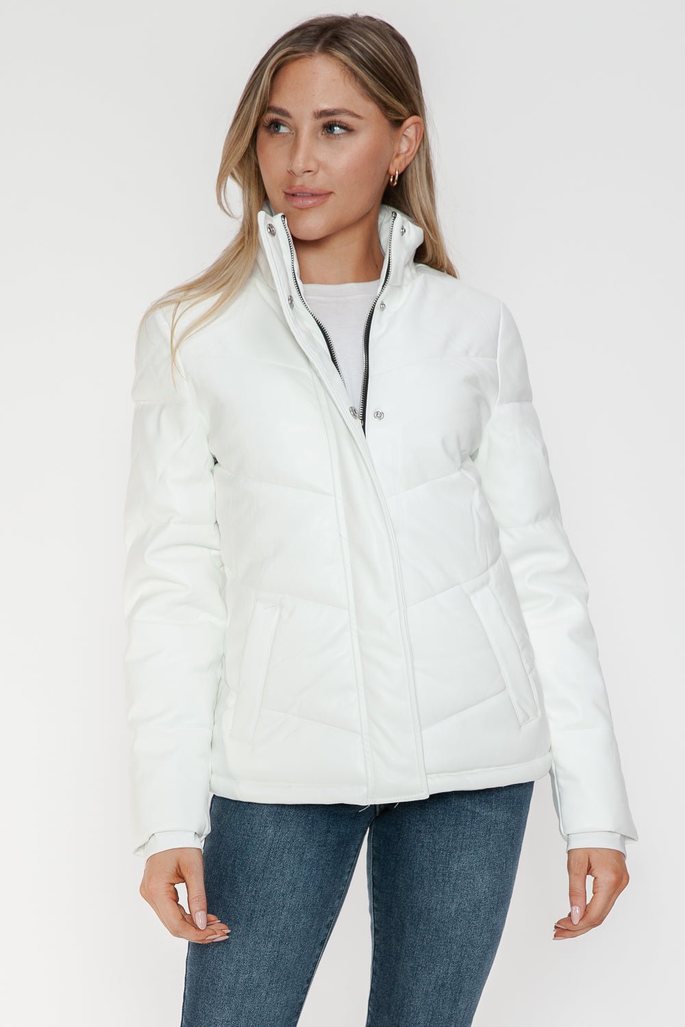 SNOBBISH - White Vegan Leather Zip Up Puffer Jacket