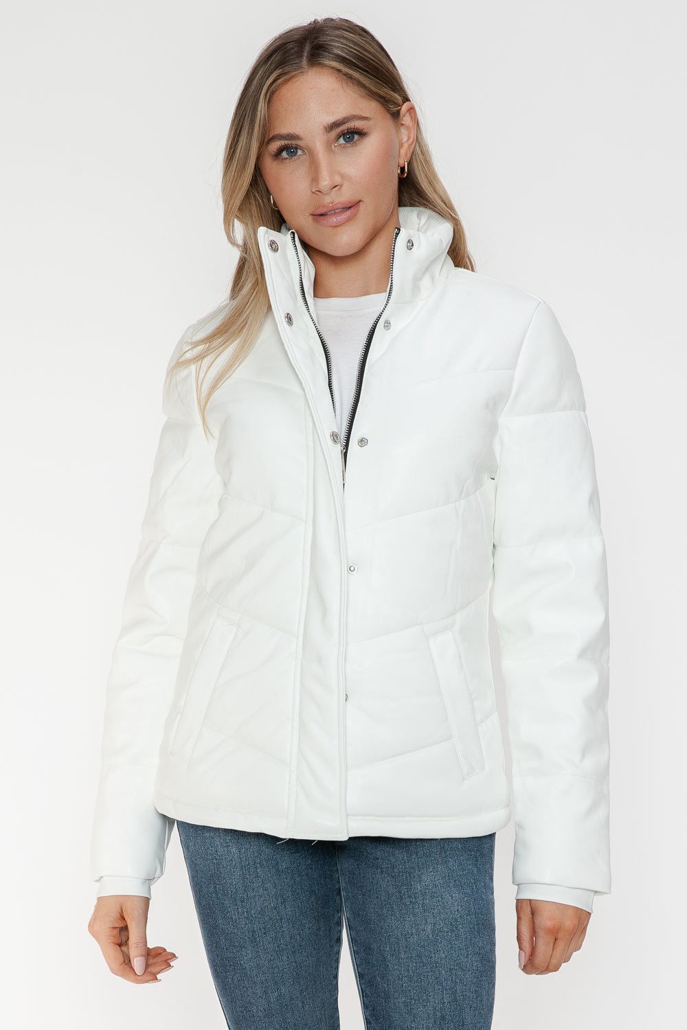 SNOBBISH - White Vegan Leather Zip Up Puffer Jacket