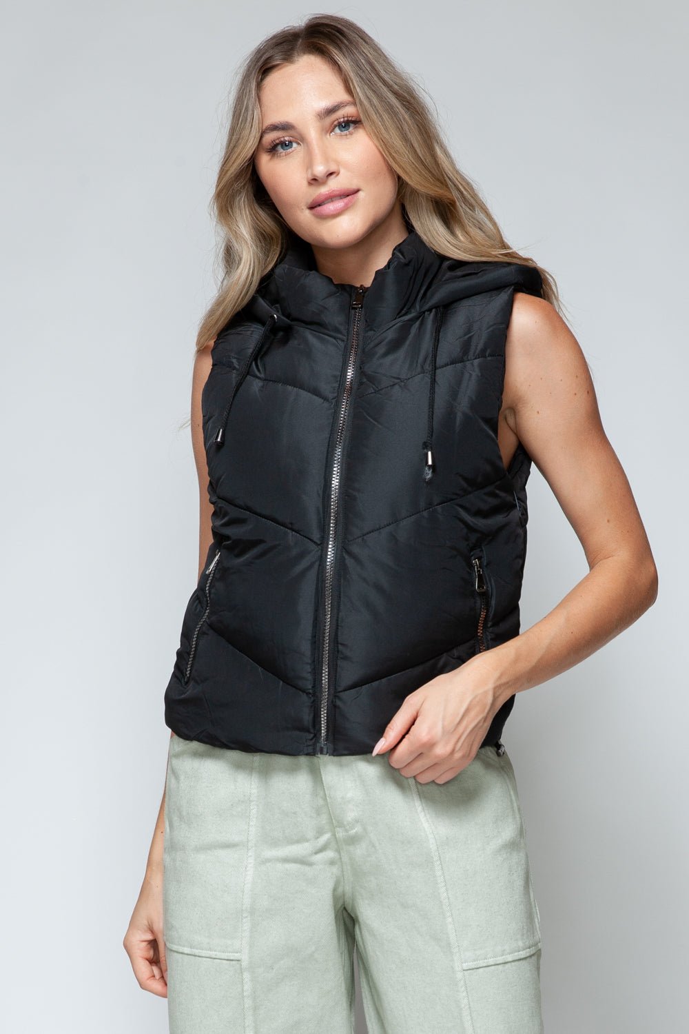 SNOBBISH - Zip Up Quilted Hooded Vest in Black