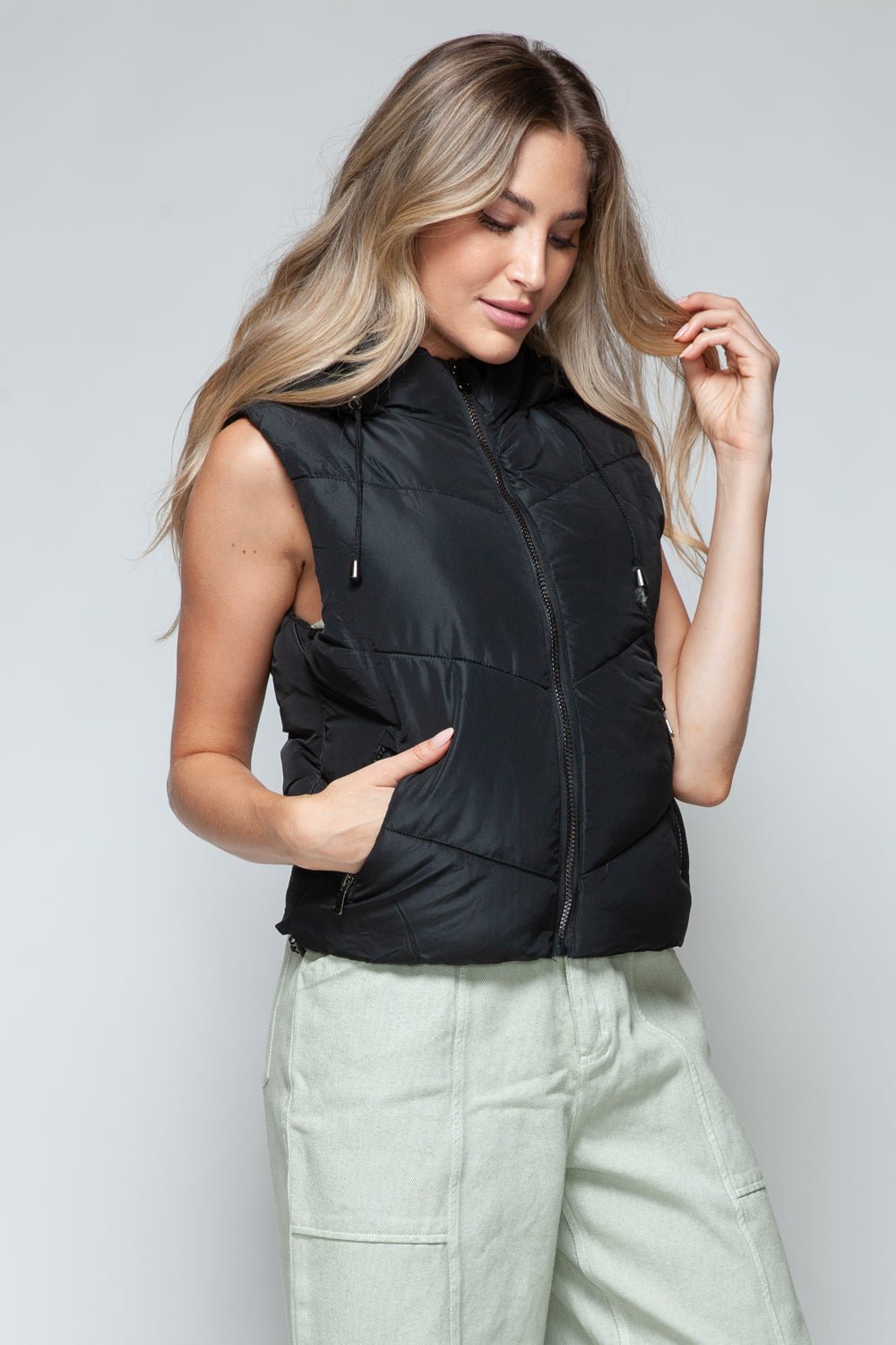 SNOBBISH - Zip Up Quilted Hooded Vest in Black