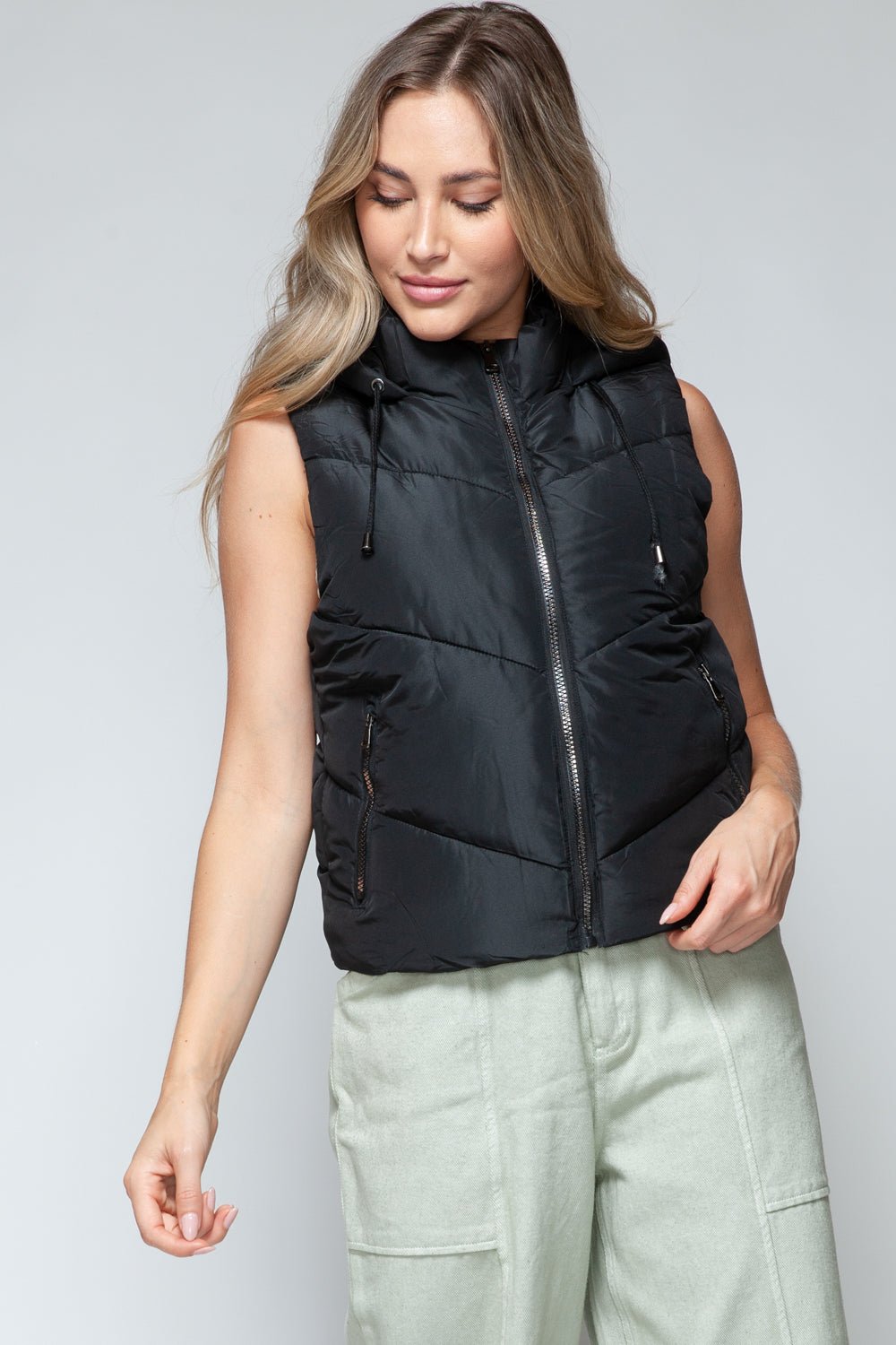 SNOBBISH - Zip Up Quilted Hooded Vest in Black