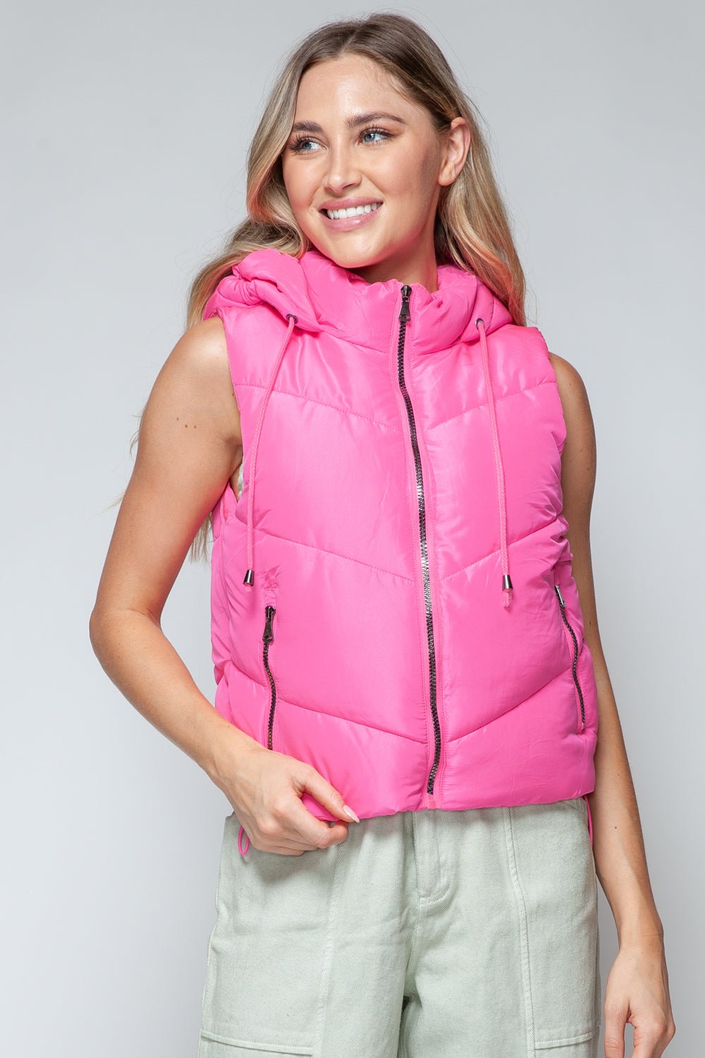 SNOBBISH - Zip Up Quilted Hooded Vest in Pink